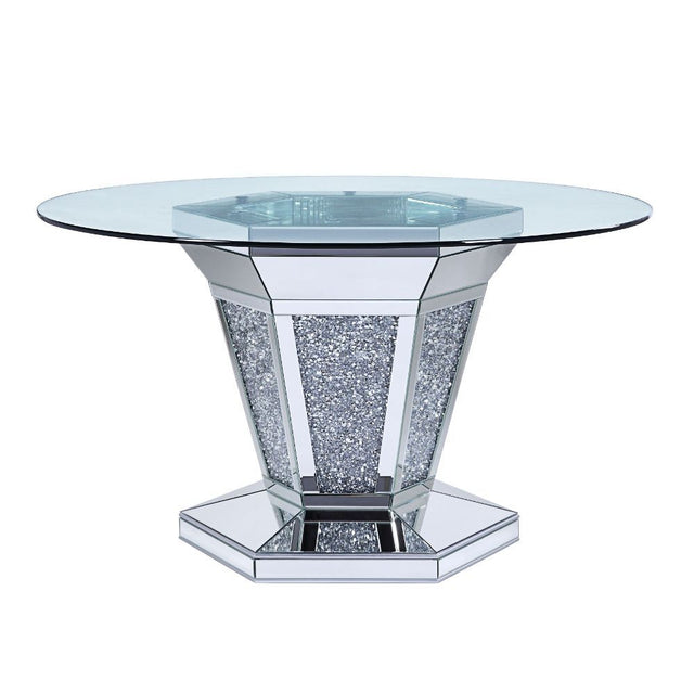 ACME Noralie - Dining Table - Mirrored, Faux Diamonds & Clear Glass | Meri Furniture
