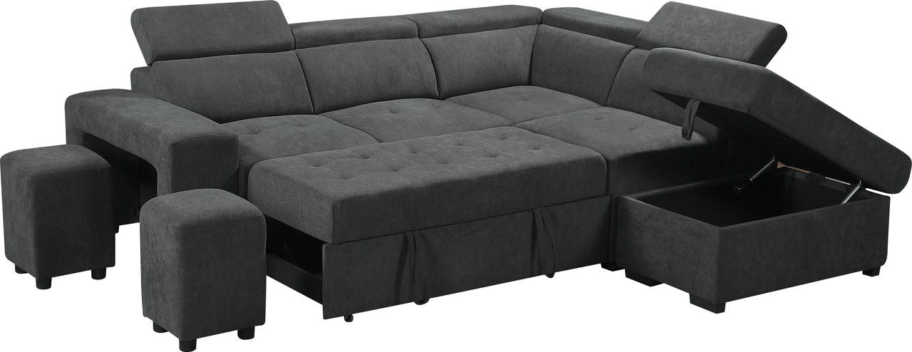Henrik 97"W Dark Gray Sleeper Sectional Sofa with Storage Ottoman and 2 Stools