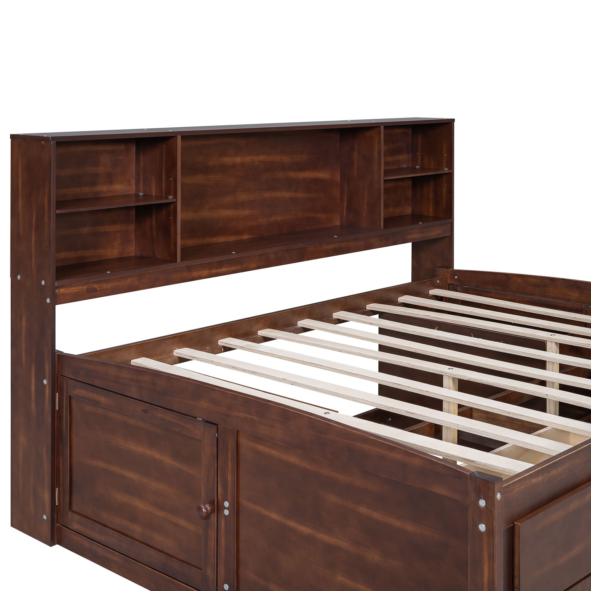 Full Size Captain Bed With Built In Storage Shelves, 4 Drawers And 2 Cabinets - Antique Brown