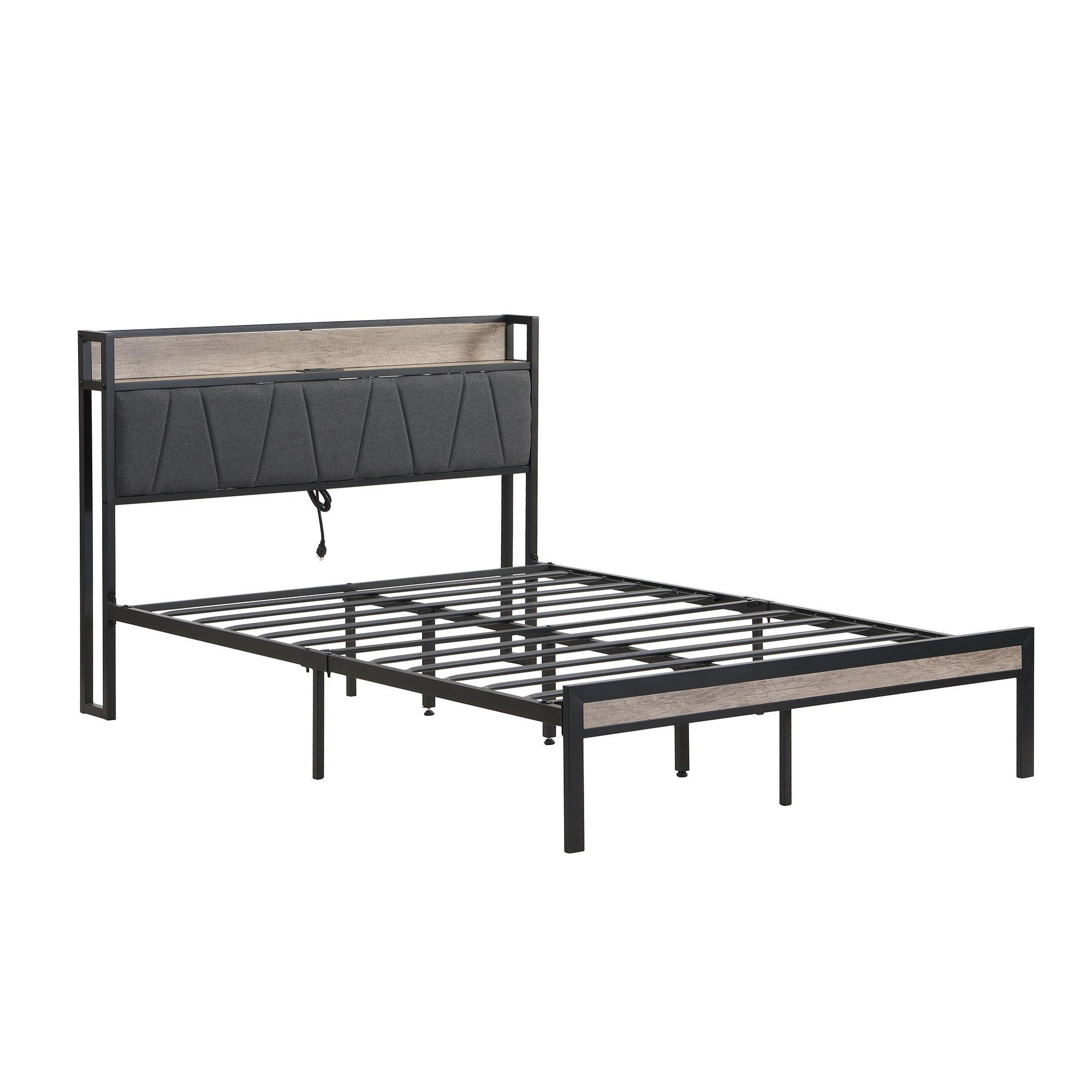Modern Platform Bed Frame With Upholstered Storage Headboard, USB Ports