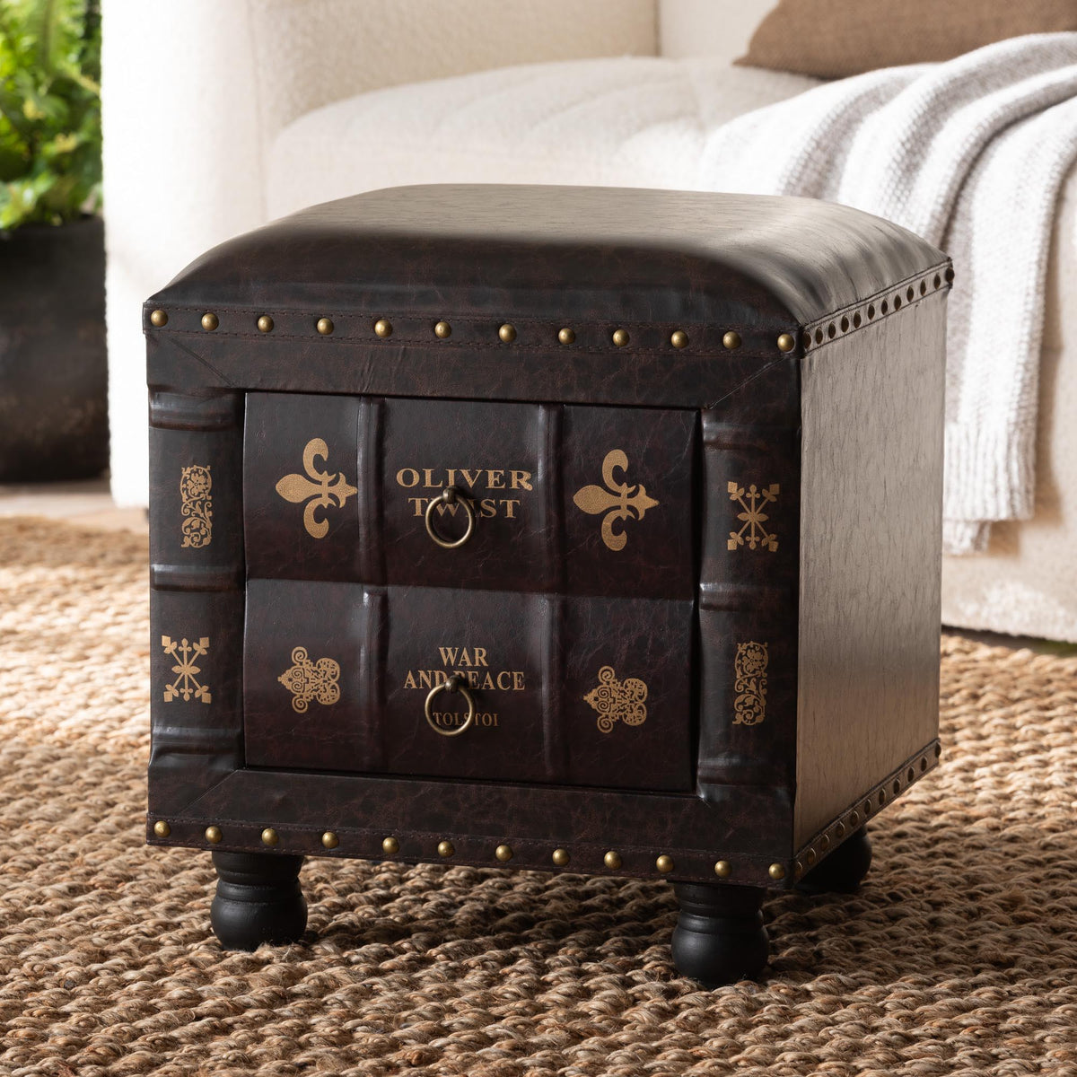 Charlier Rustic Antique Inspired Dark Brown Faux Leather Upholstered Wood Storage Ottoman with Book Spine Drawer