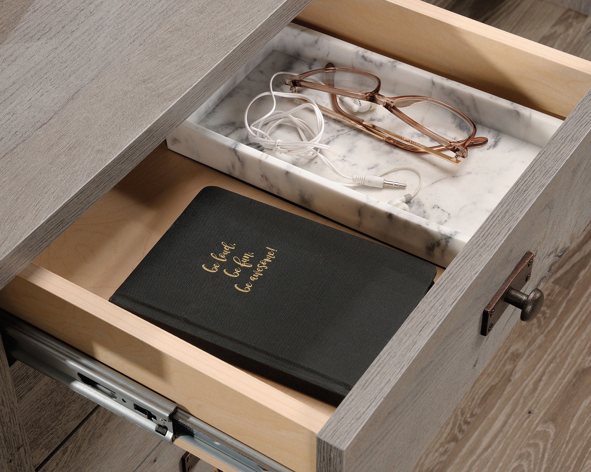Wood L-Shaped Desk in Mystic Oak Finish
