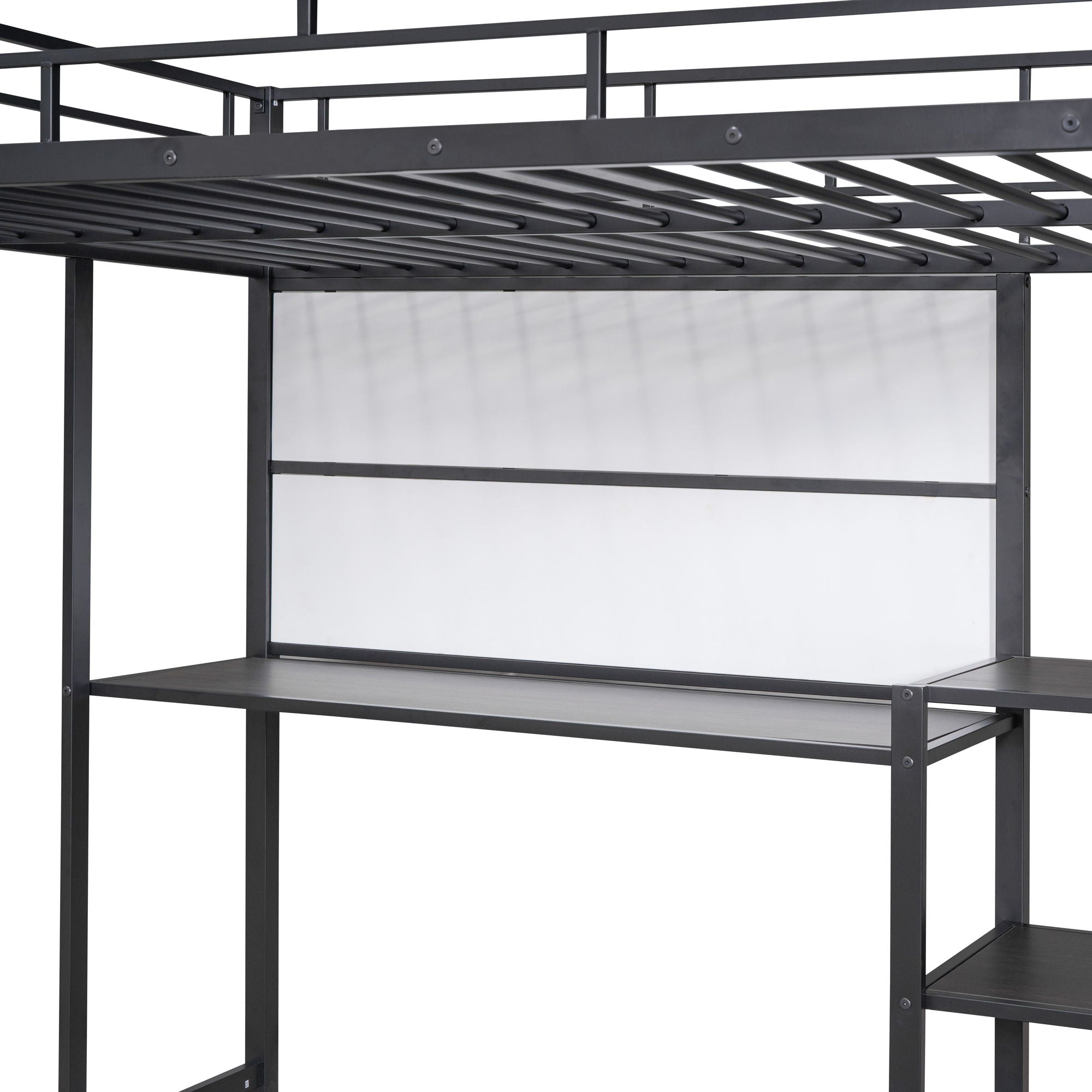 Metal Loft Bed With Desk, 3 Shelves And Ladder