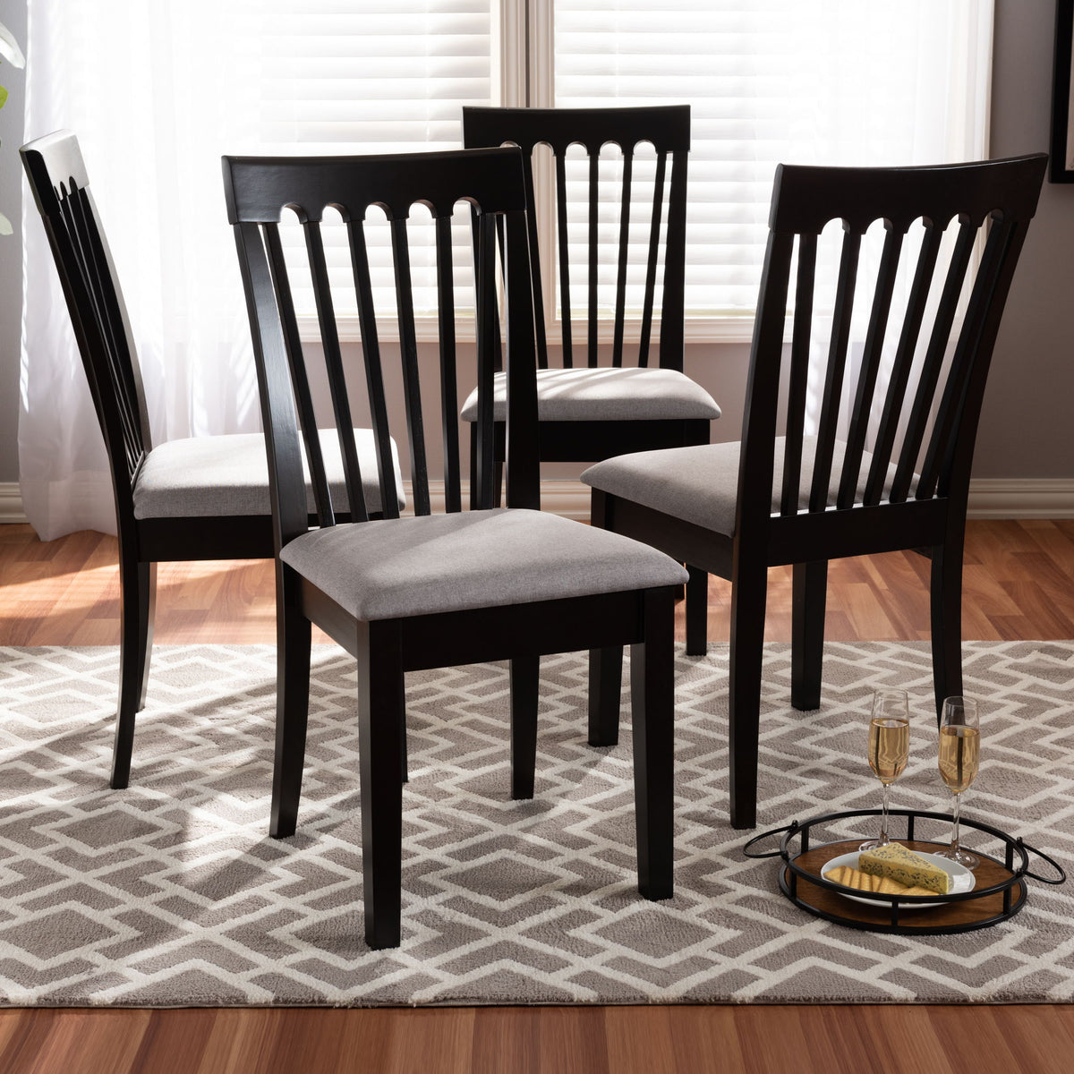 Minette Modern and Contemporary Gray Fabric Upholstered Espresso Brown Finished Wood Dining Chair Set of 4