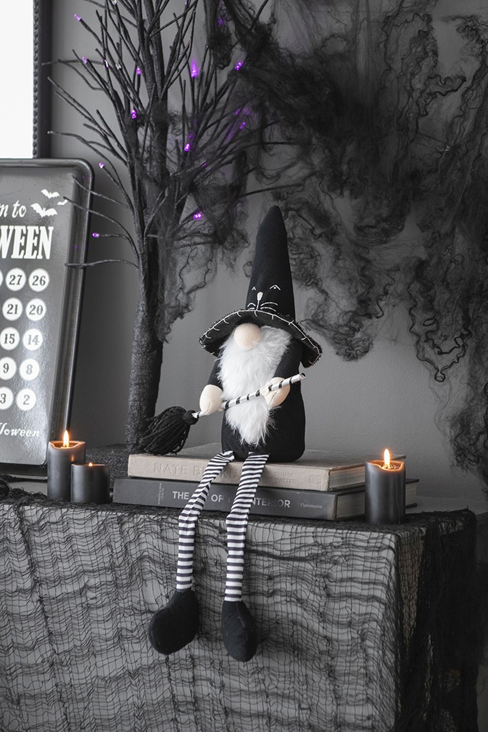Sitting Gnome With Broomstick & Long Legs, For Halloween Decor - Black White