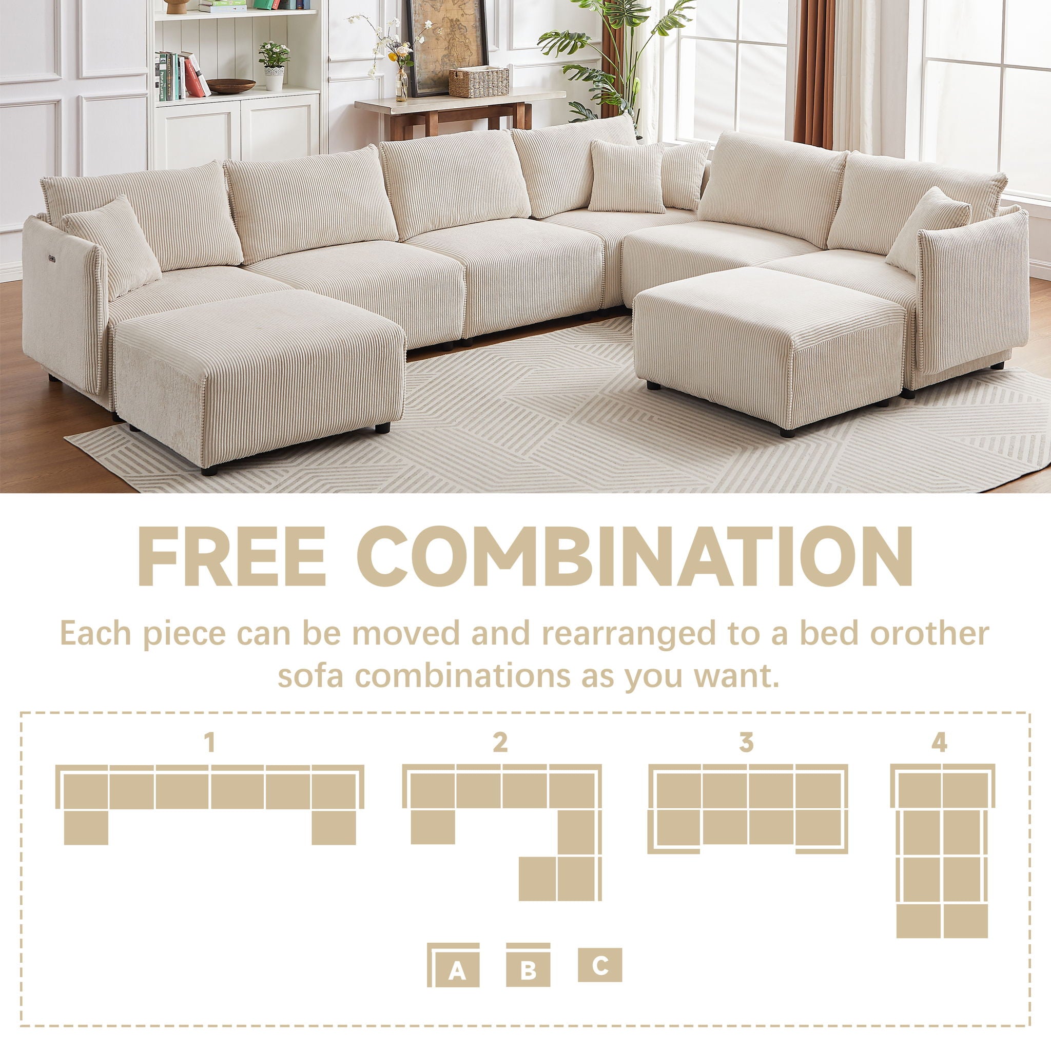 Modern Minimalist Corduroy Combination Sofa With 2 Comfort Cushions With USB & C Charging Ports