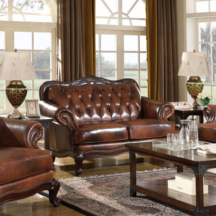 Coaster Fine Furniture Victoria - Full Leather Upholstered Rolled Arm Loveseat - Brown | Meri Furniture