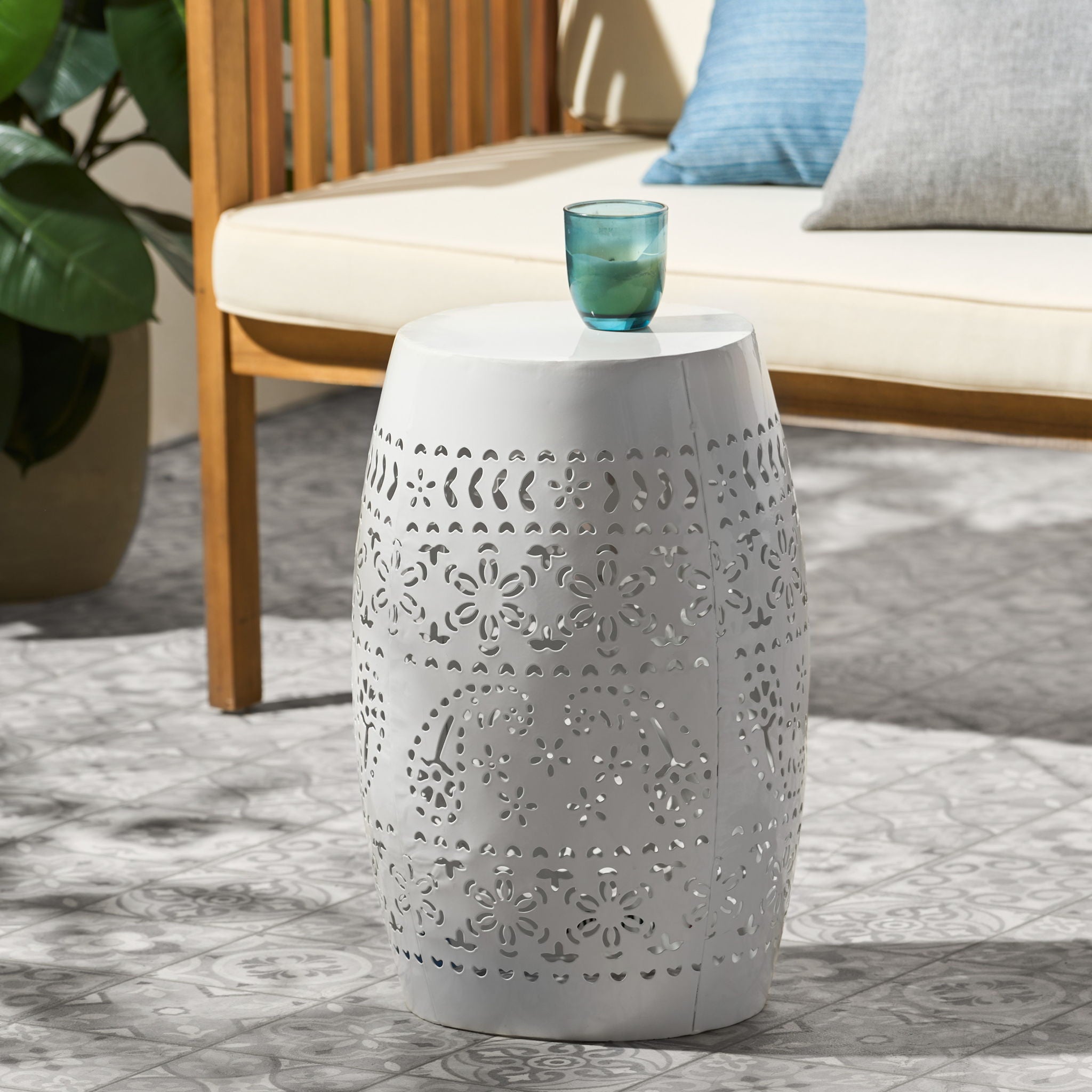 Transitional Ruby - Side Table With Lace Cut Design - White