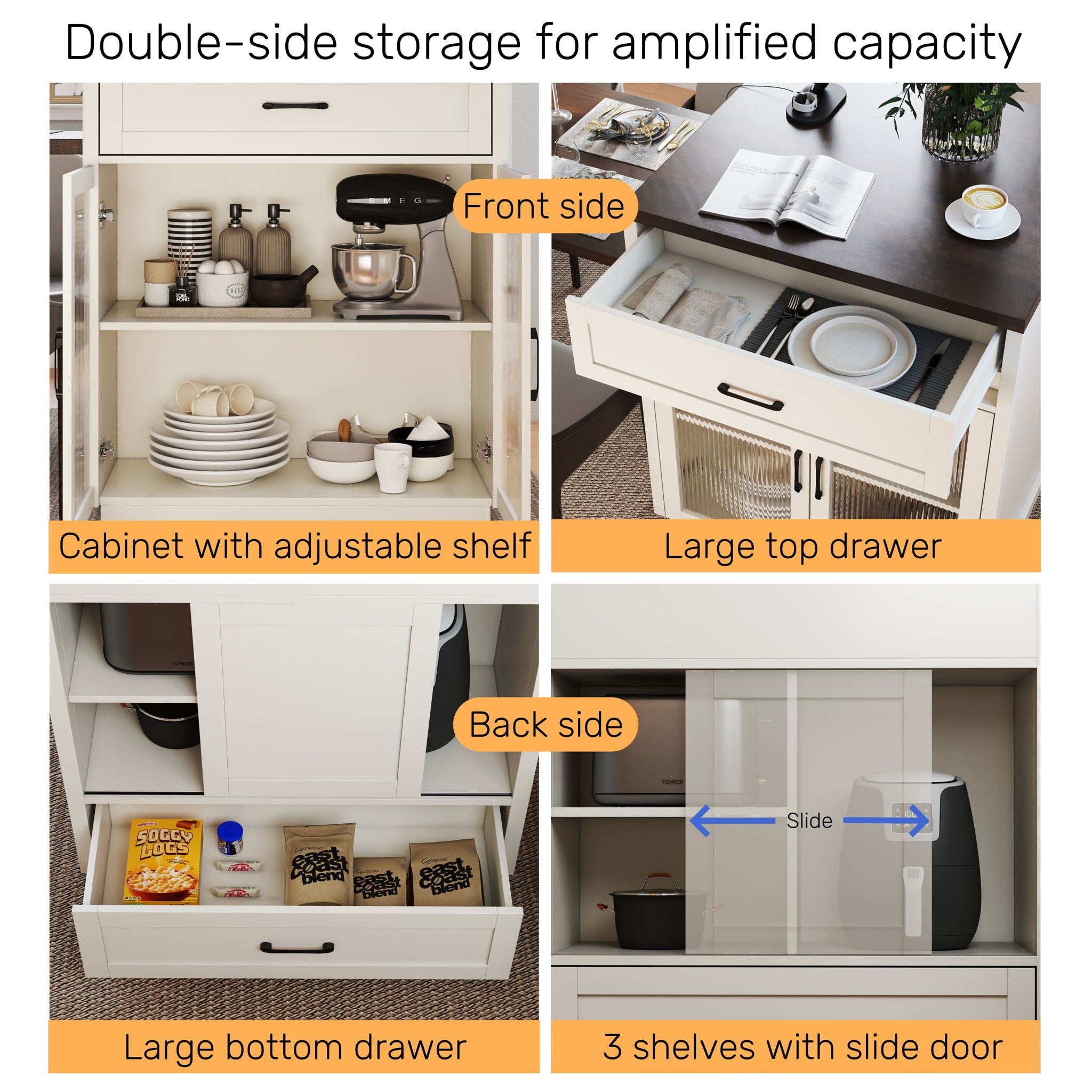 Extendable Kitchen Island With Slide Out Table And Storage Racks For 2 - 6 Person, Power Outlet, Bar, Prep Station - Creamy White / Walnut