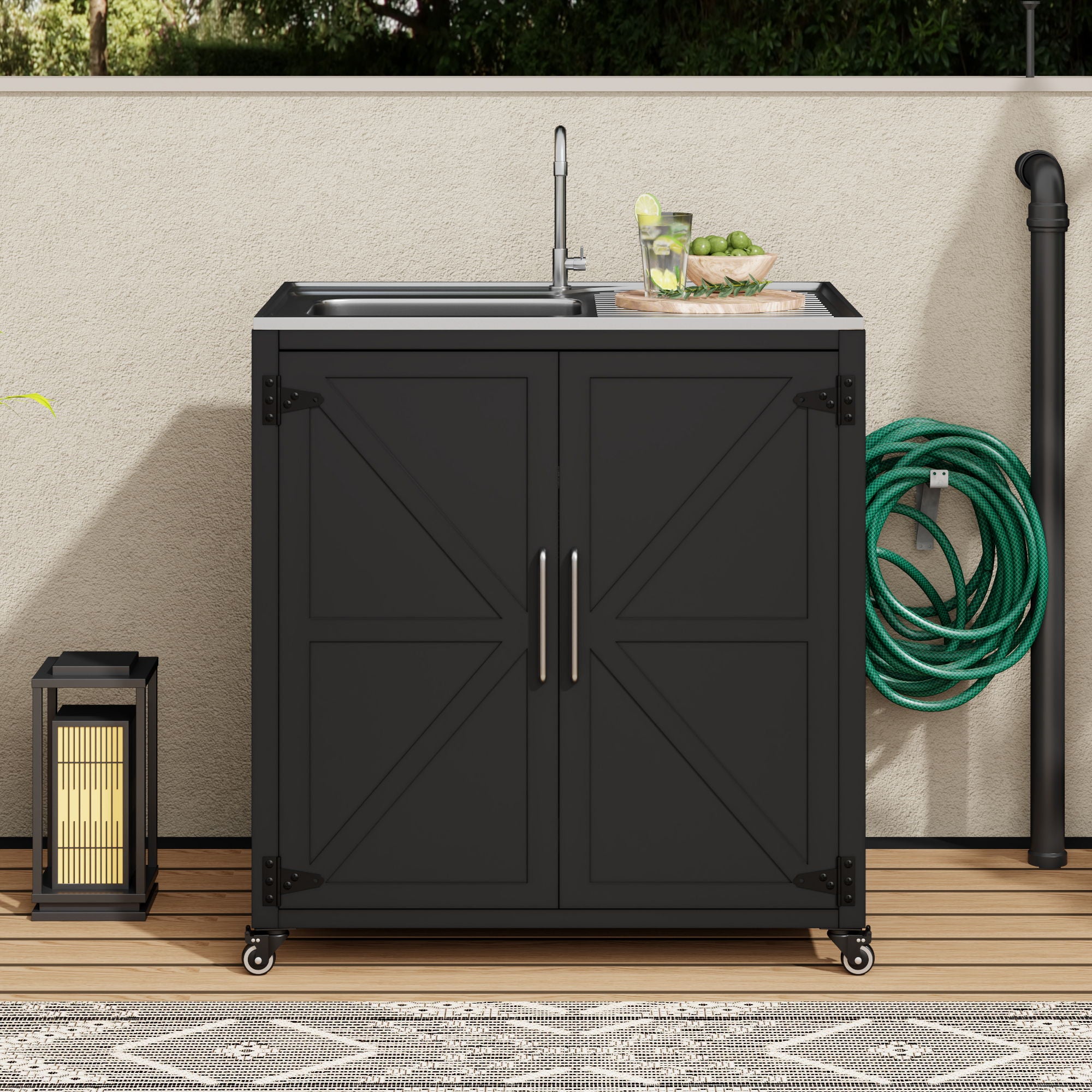 Outdoor Movable Kitchen Sink Patio Modular Kitchen Sink Station With Cabinet For Garden, Patio, Backyard - Matte Black
