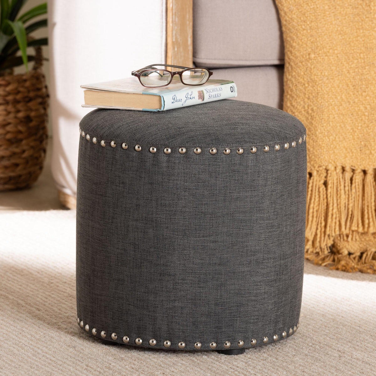 Rosine Modern and Contemporary Dark Grey Fabric Upholstered Nail Trim Ottoman