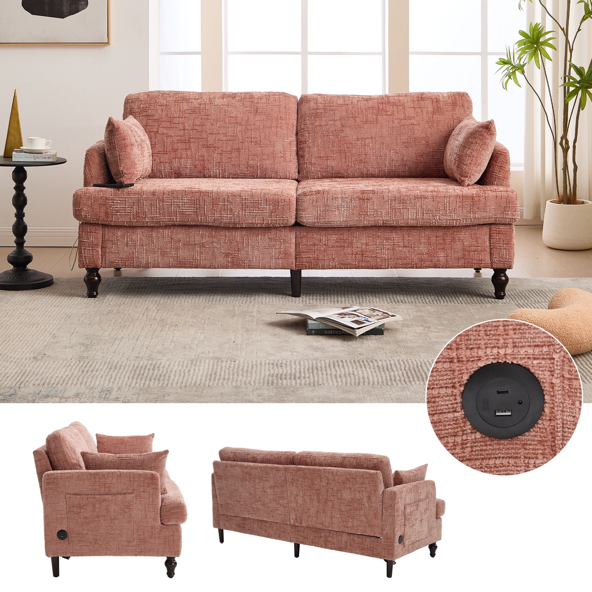 Chenille 2 Seater Sofa With LED Light, USB Charging Port, And Storage Bag