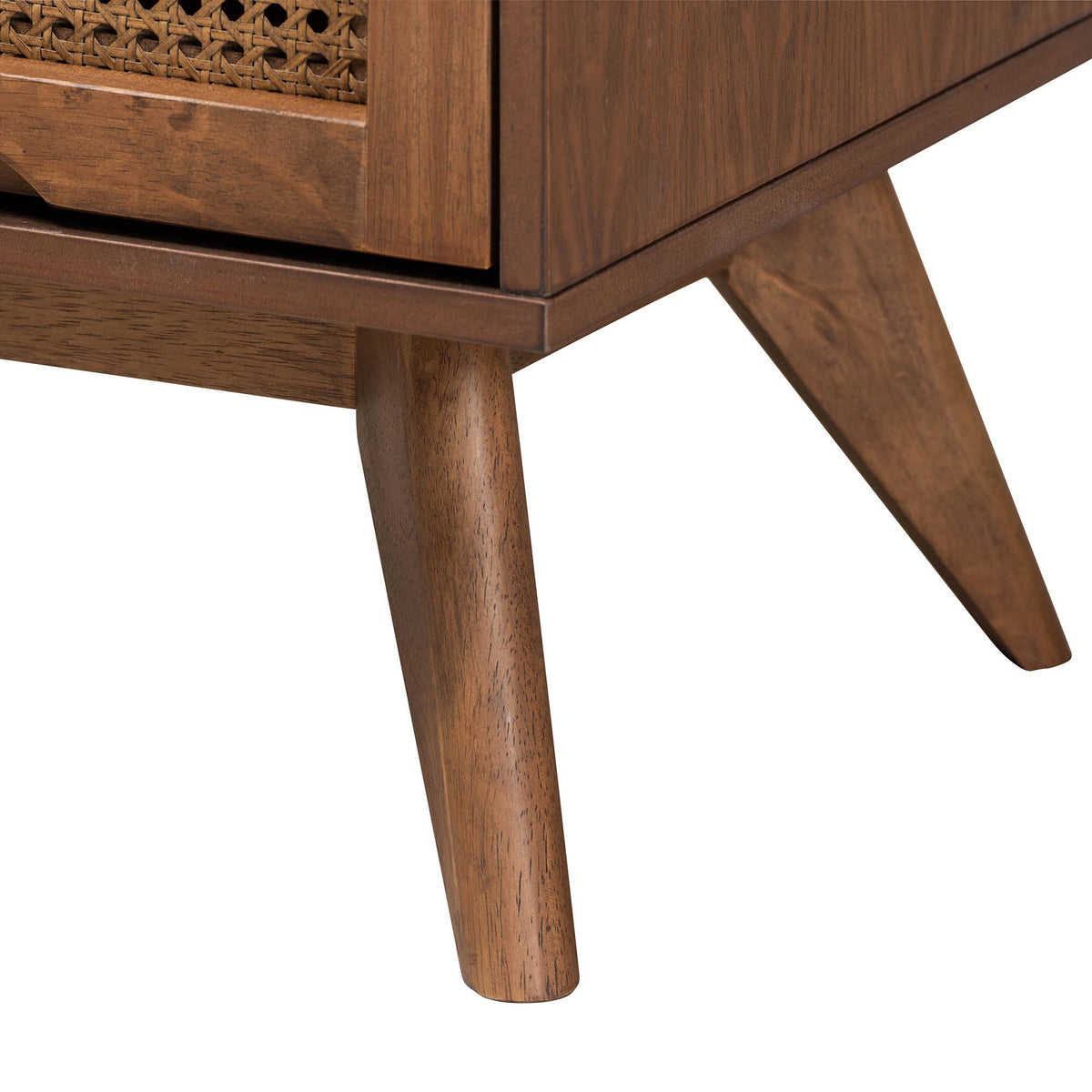 Nura Mid-Century Modern Walnut Brown Finished Wood and Rattan King Size 3-Piece Bedroom Set