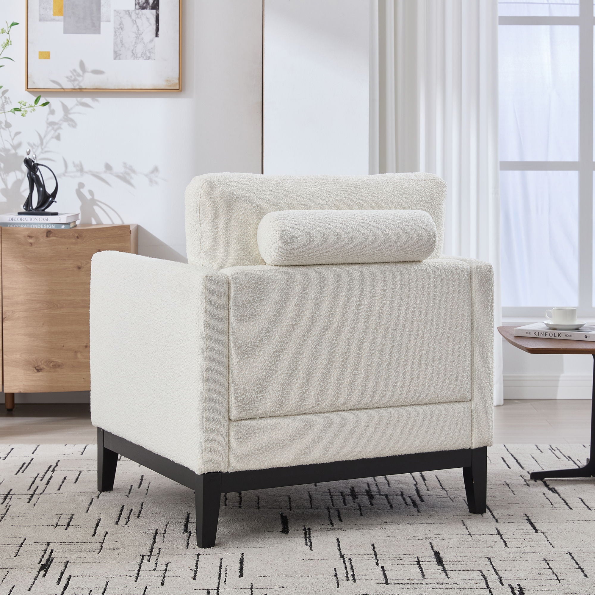 Wide Modern Farmhouse Performance Accent Chair With Legs, Wood Base