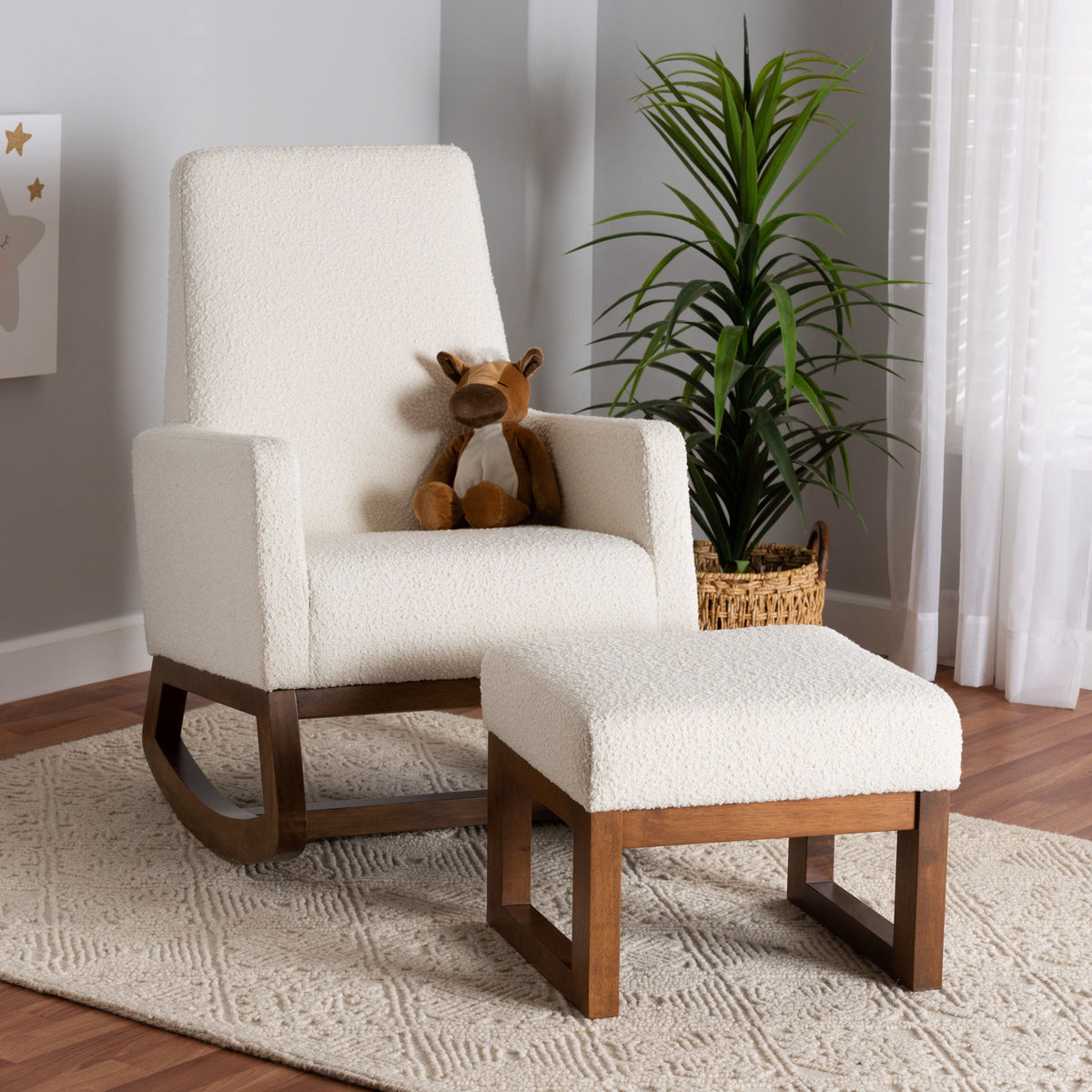 Yashiya Mid-Century Modern Off-White Boucle Upholstered and Walnut Brown Finished Wood 2-Piece Rocking Chair and Ottoman Set