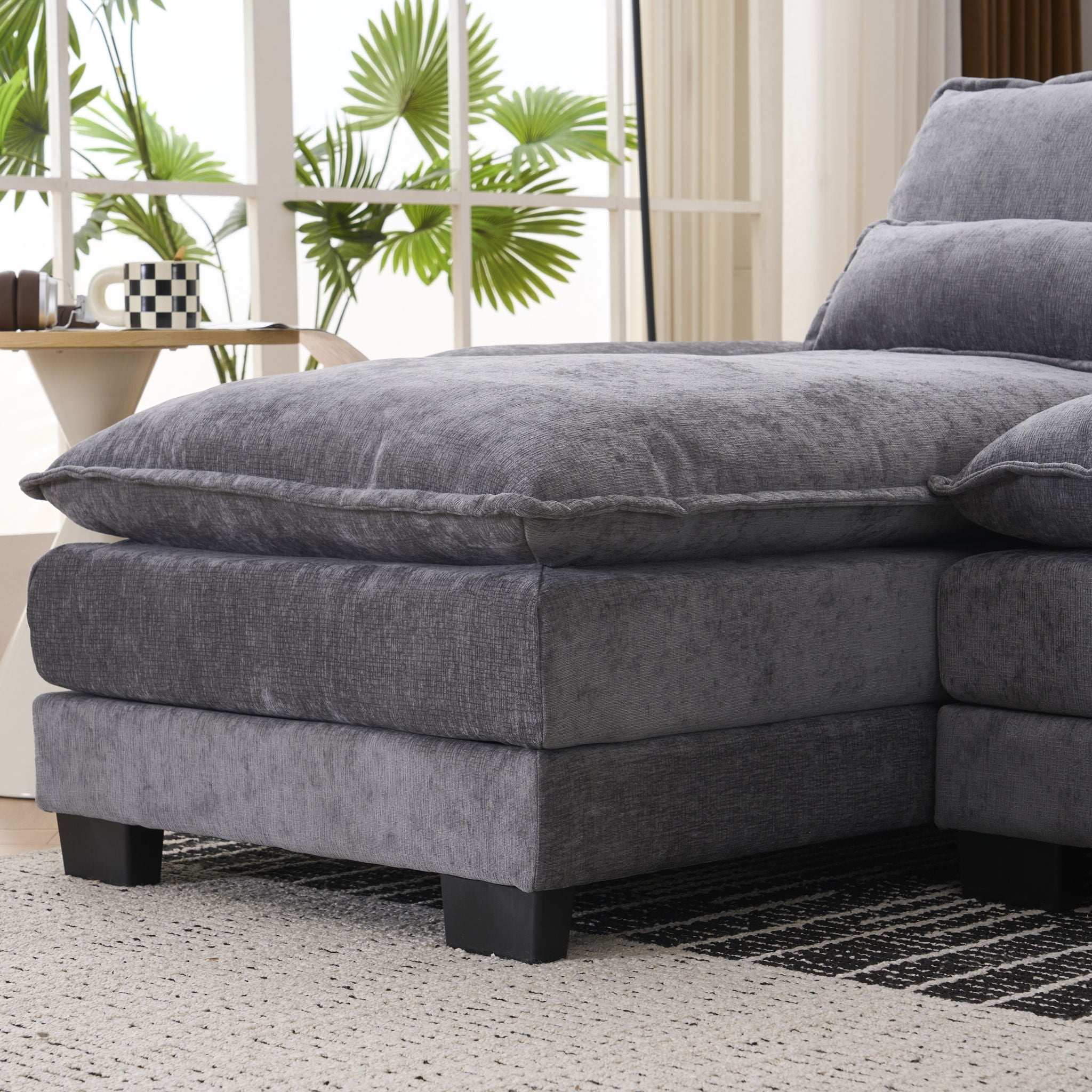U Shaped Sofa With Console, Cupholders, USB Ports, 6 Seat, Bronzing Suede & Chenille