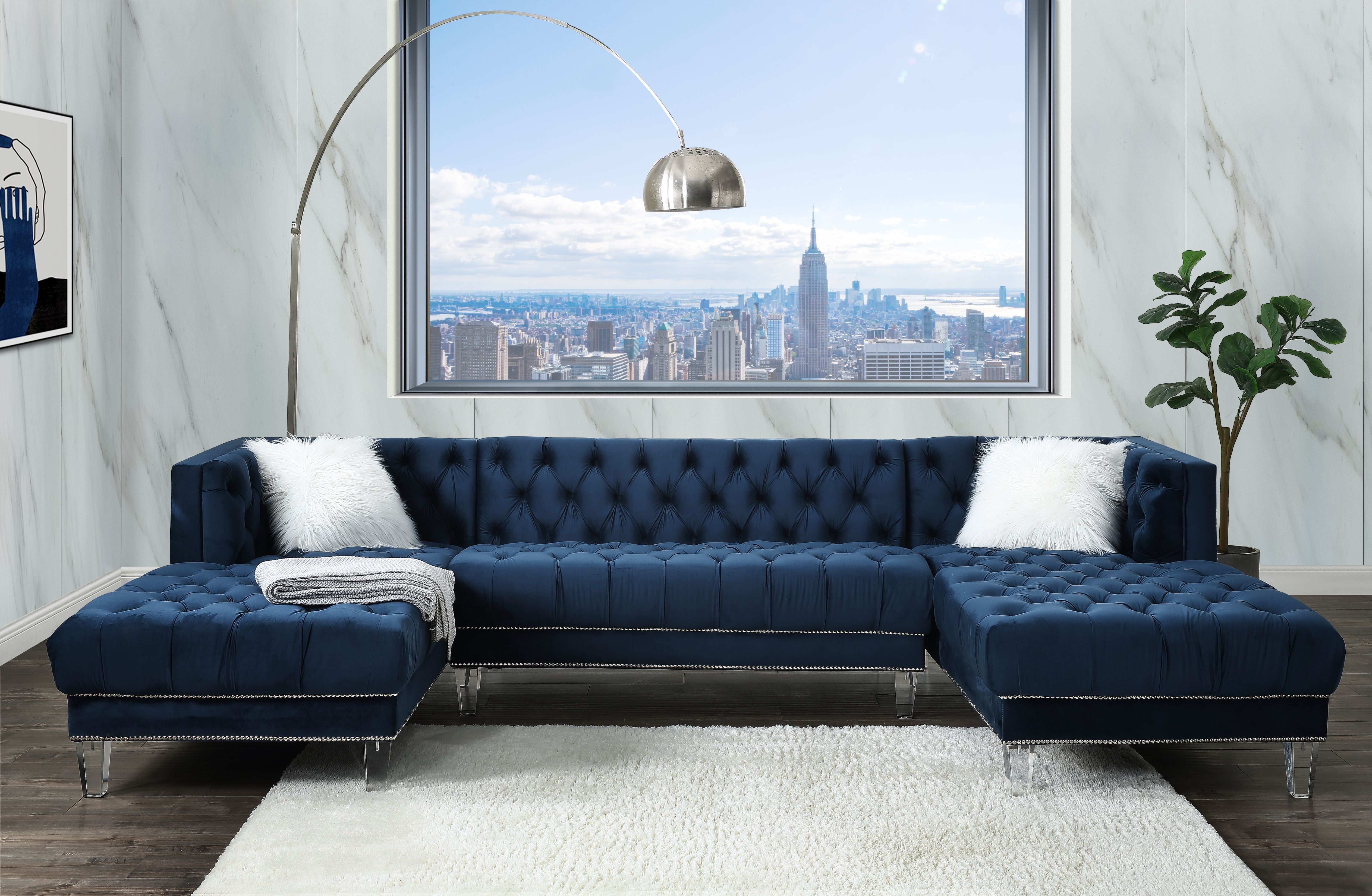 ACME Ezamia - Sectional Sofa - Navy Blue Velvet | Meri Furniture