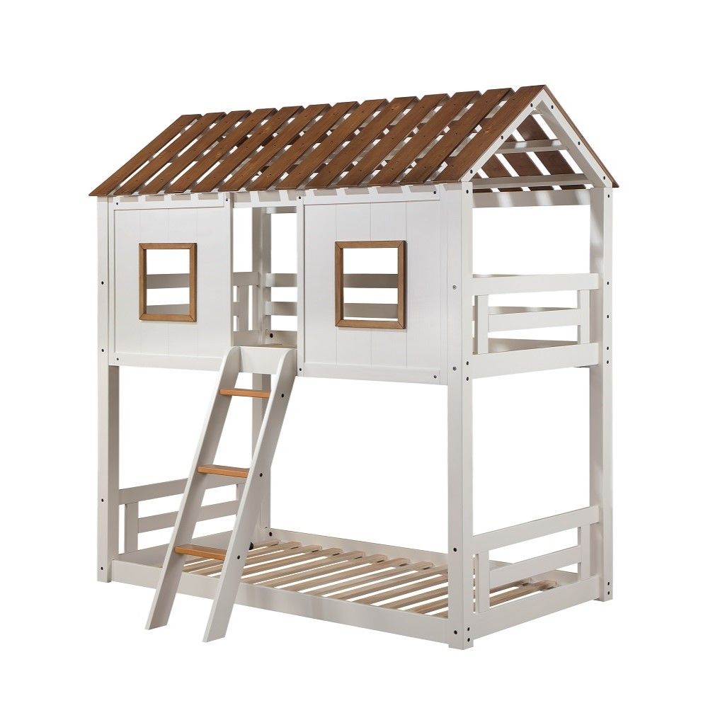 ACME Inara - Twin Over Twin Bunk Bed - White & Rustic Oak | Meri Furniture