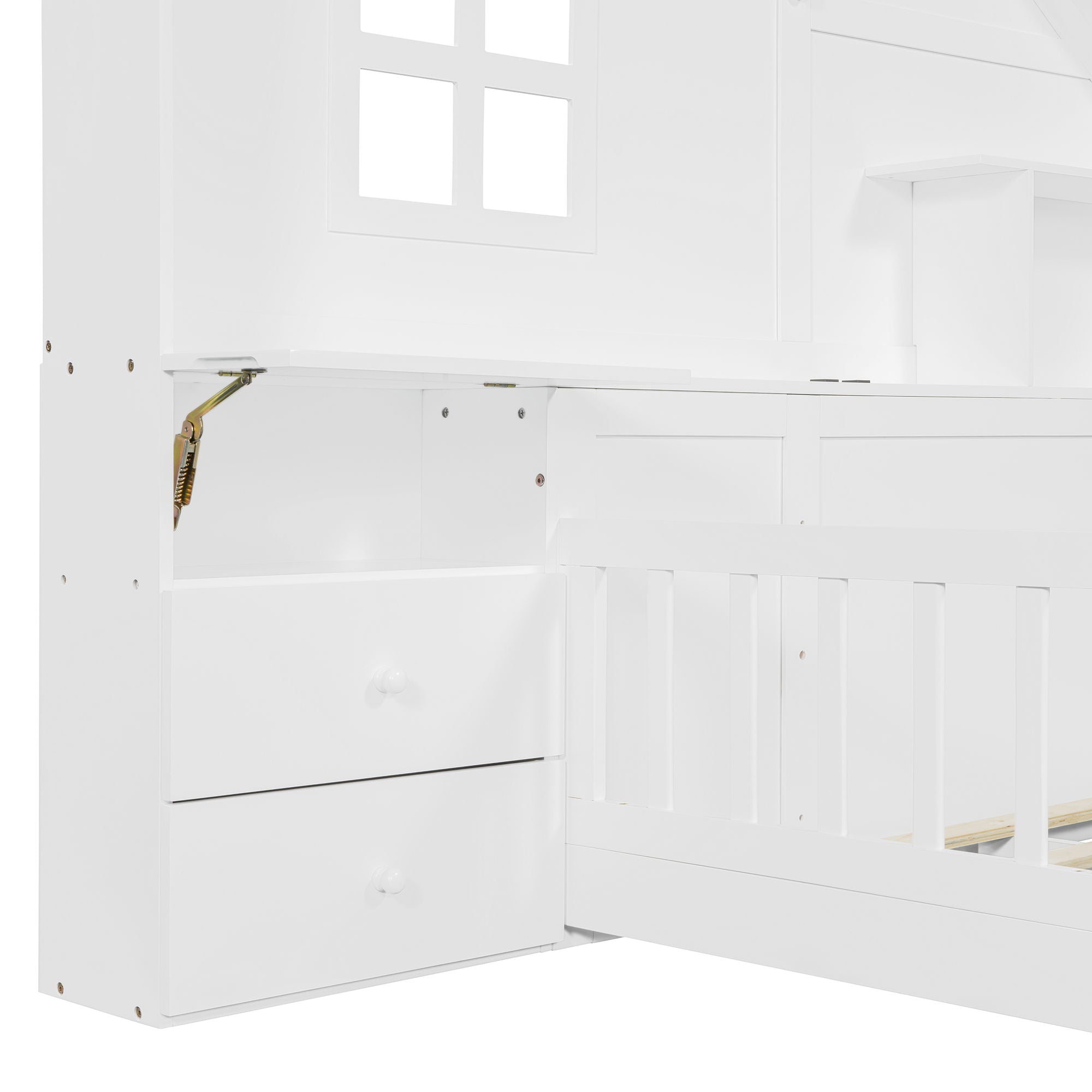 Full Size House Bed With Window And Bedside Drawers, Platform Bed With Shelves And A Set Of Sockets And USB Port - White