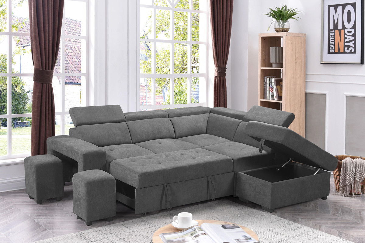 Henrik 97"W Light Gray Sleeper Sectional Sofa with Storage Ottoman and 2 Stools
