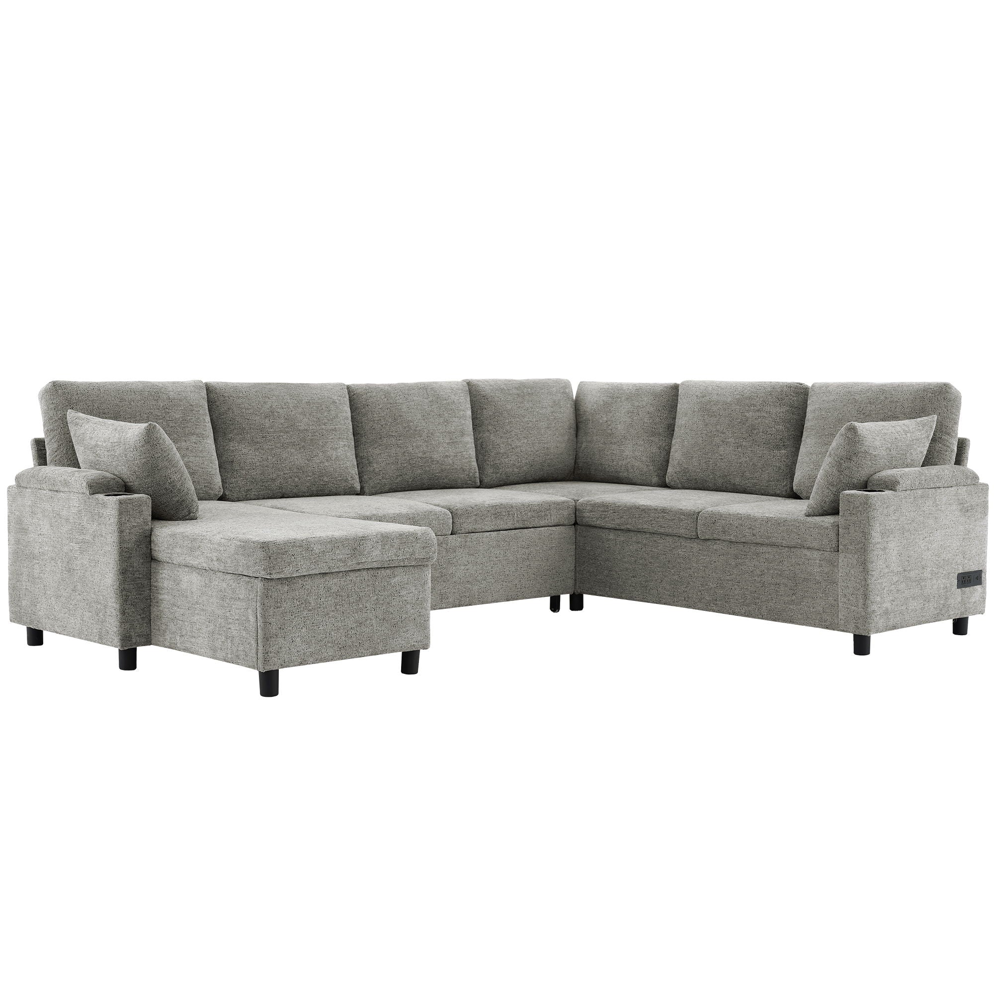 U-Shaped Sectional Sleeper Sofa With Ample Storage Space, 2 Cup Holders And Charging Ports For Living Room