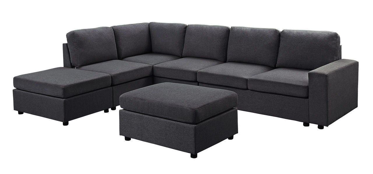 Cassia 120"W Modular Sectional Sofa with Ottoman in Dark Gray Linen