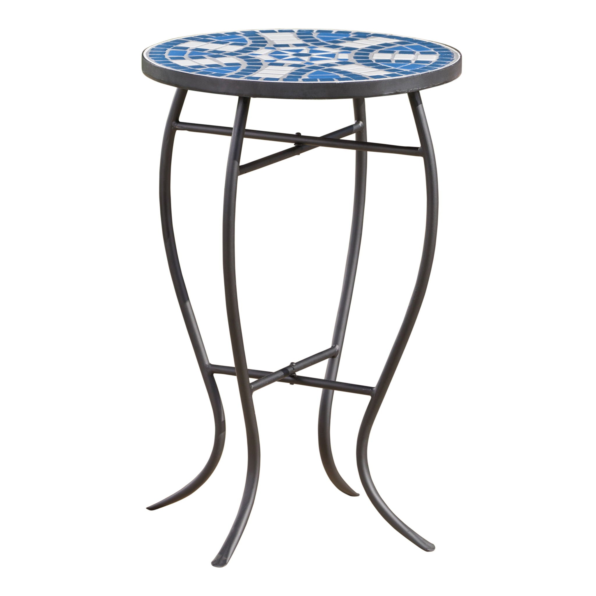 Outdoor Round Side Table With Mosaic Style Top And Curved Iron Legs - Blue / Matte Black