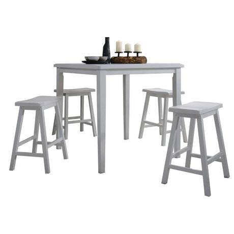 The Gaucho Counter Height Dining Set offers simplicity with a versatility perfect for any small dining space. This set boasts an space saving design, square leg table and four matching saddle style stools. The Table features a Solid Top and square legs.