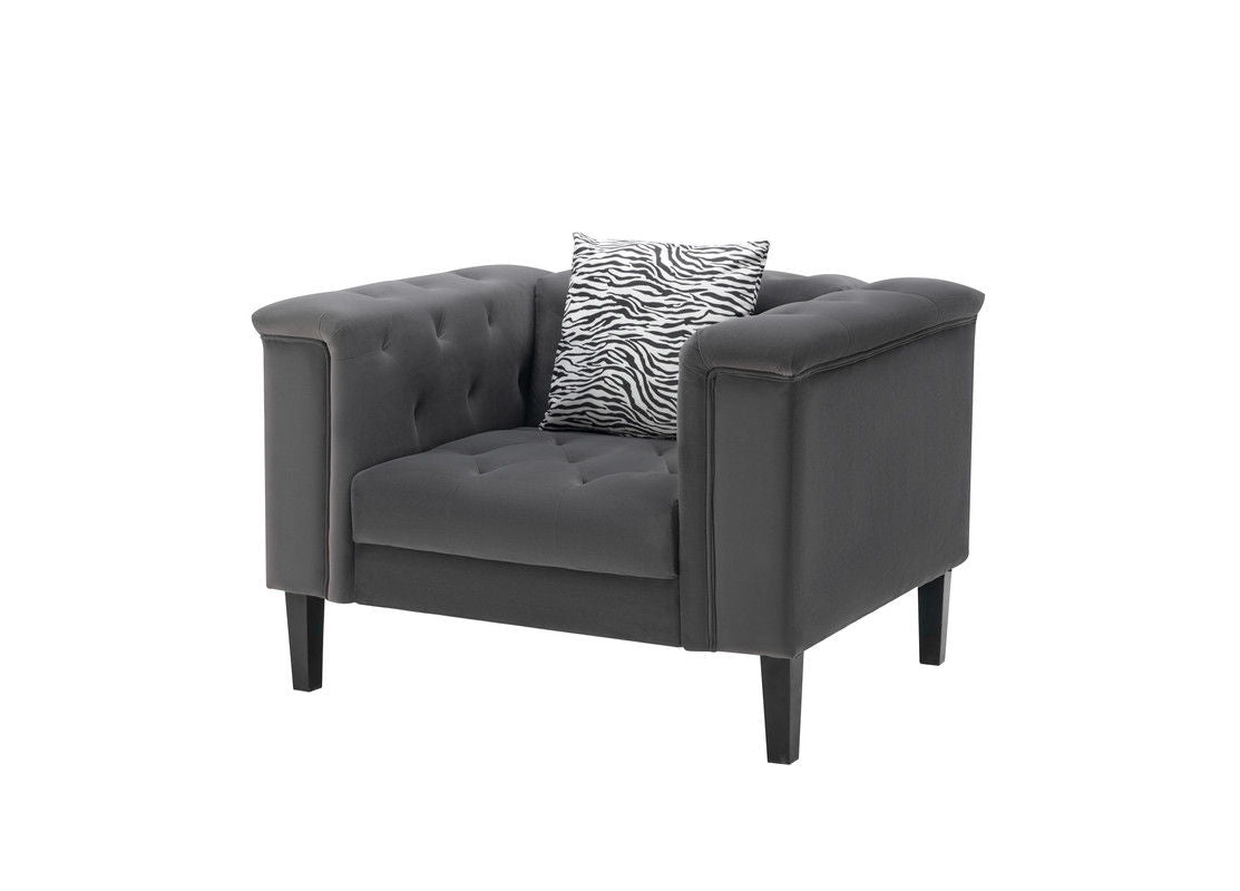 Mary 44"W Dark Gray Velvet Tufted Chair With 1 Accent Pillow