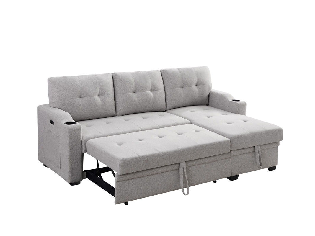 Mabel 83"W Light Gray Linen Fabric Sleeper Sectional with cupholder, USB charging port and pocket