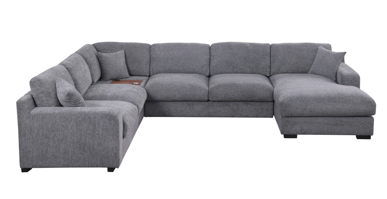 Celine 128"W Light Gray Chenille Fabric Corner Sectional Sofa with Right-Facing Chaise, Cupholders, and Charging Ports