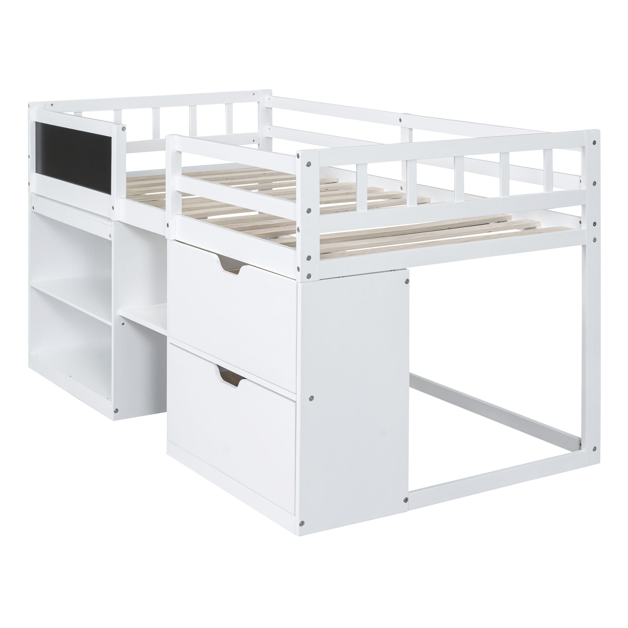 Low Loft Bed With Rolling Desk, Shelf And Drawers