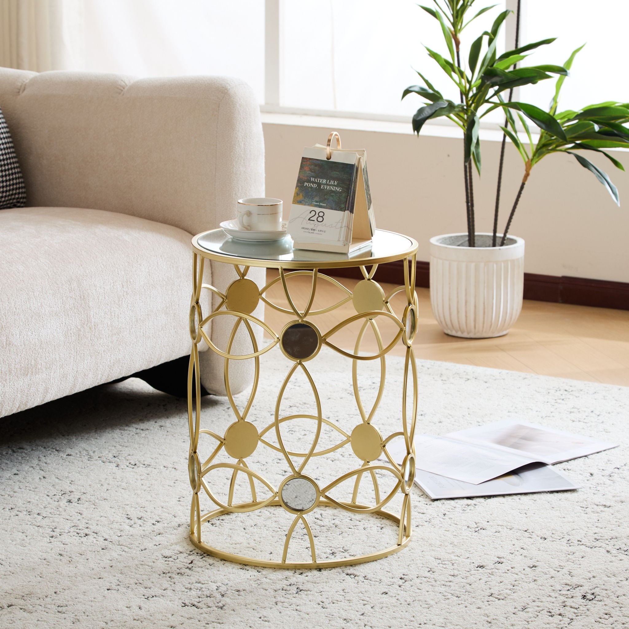 Modern Side Table With Mirror Top And Metal Frame - Gold / Clear