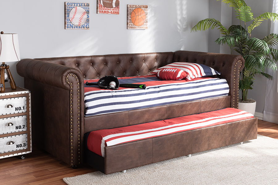 Mabelle Modern and Contemporary Brown Faux Leather Upholstered Daybed with Trundle