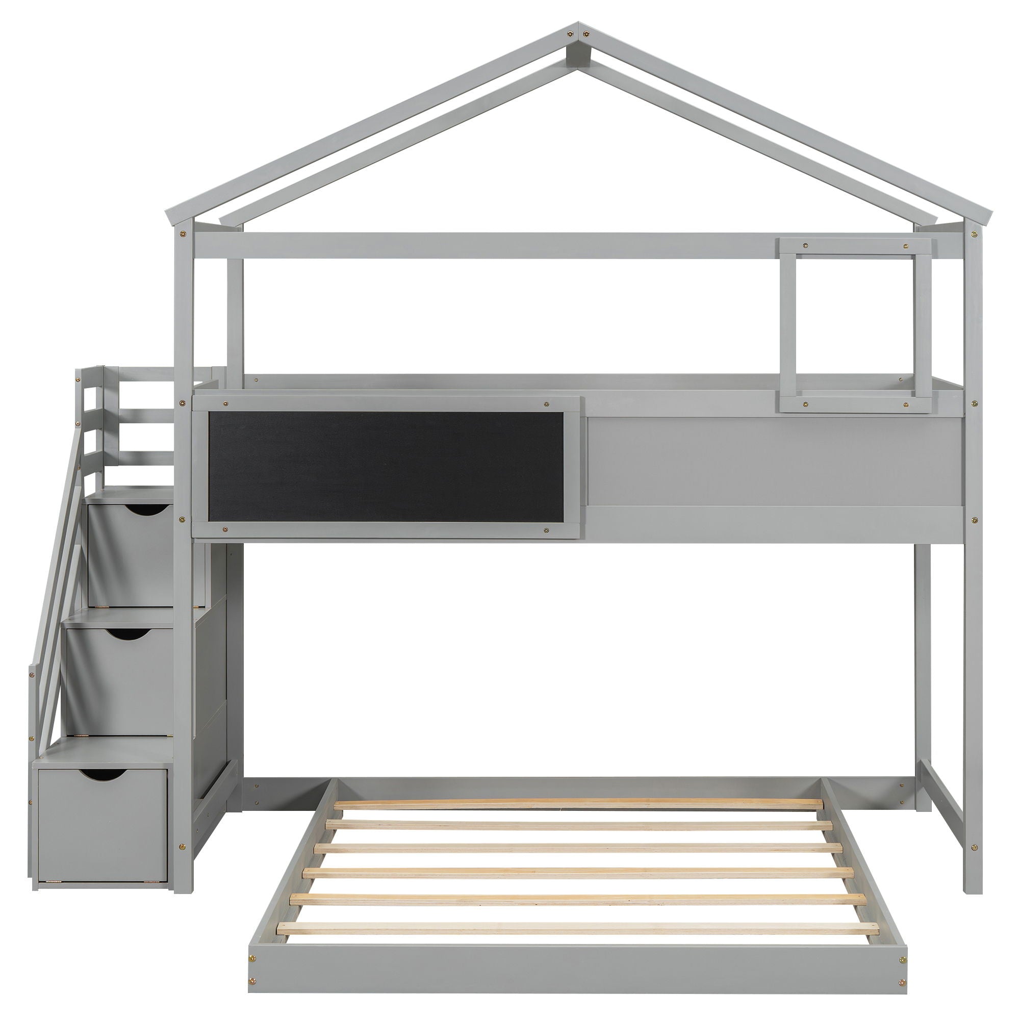 House Style Bunk Bed With Storage Staircase And Blackboard