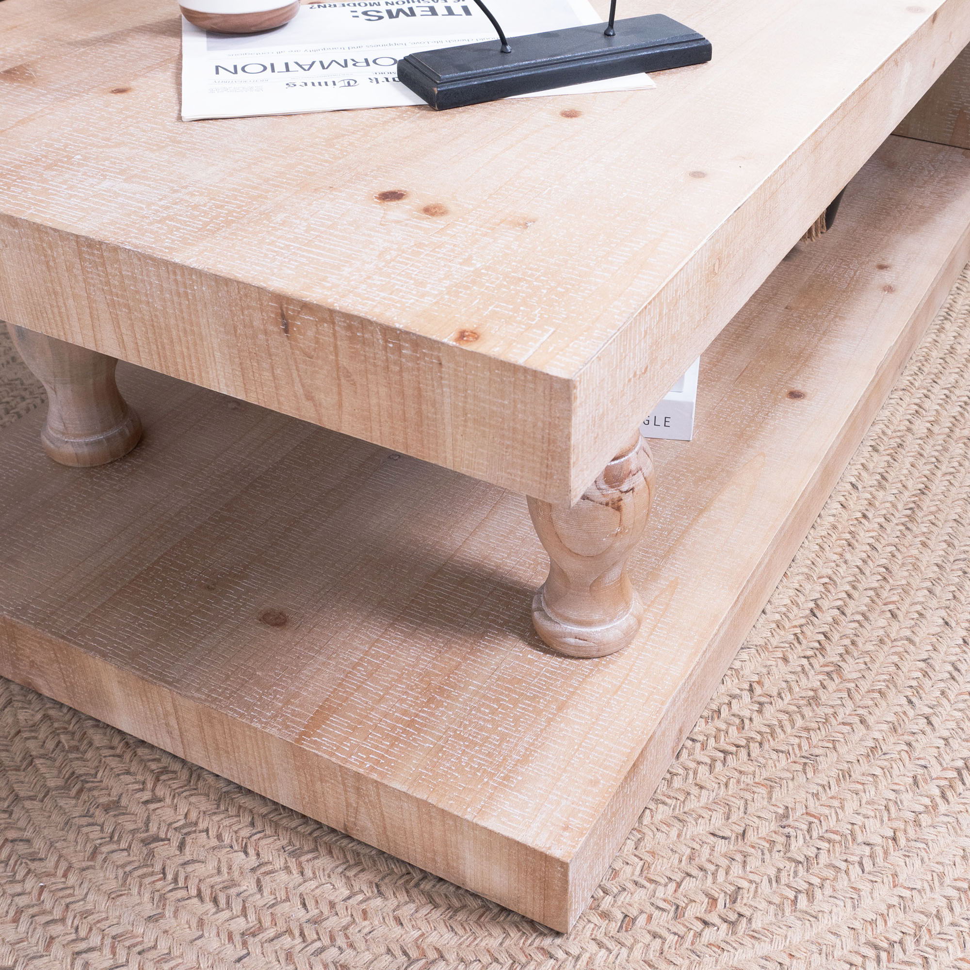 Rustic Solid Wood Coffee Table With Open Shelf, Modern Farmhouse Design - Light Natural / Natural