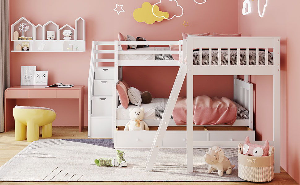Solid L Shaped Bunk Bed With 3 Drawers, Ladder And Staircase