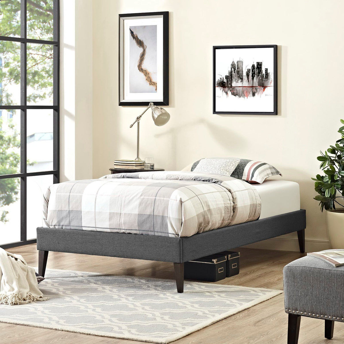 Sharon Fabric Twin Bed Frame with Squared Tapered Legs by Modway