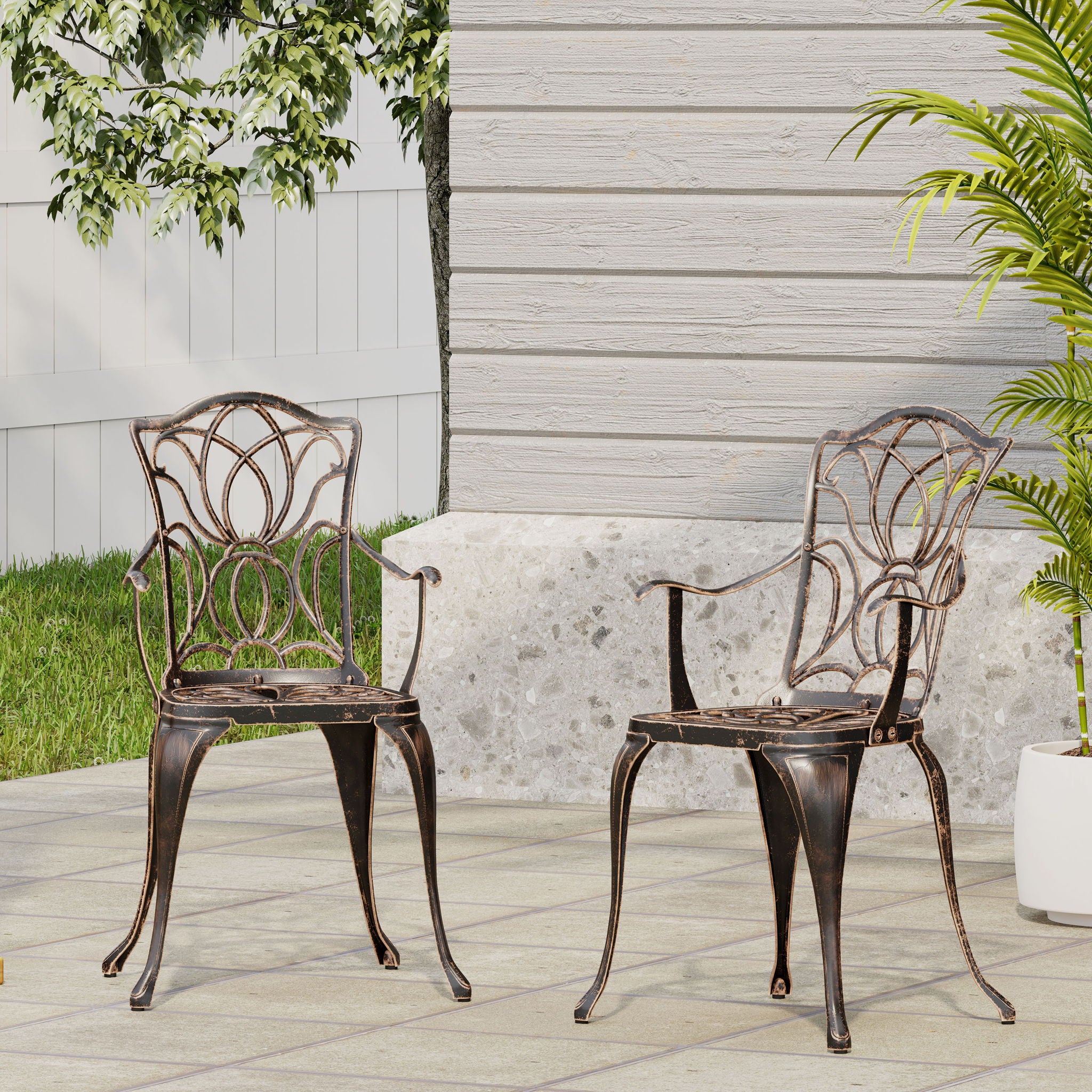 Outdoor Dining Chair With Floral Design And Curved Saber Legs (Set of 2) - Copper
