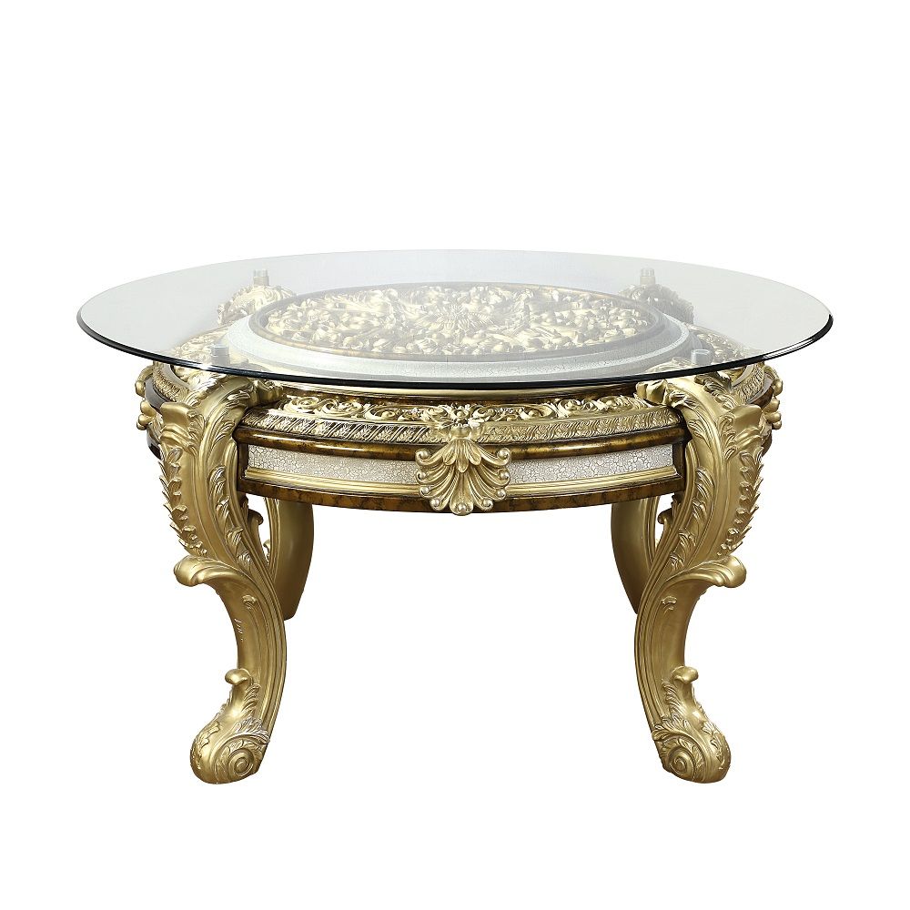 ACME Desiderius - Round Dining Table - Antique Gold & Hand-Painted Brown | Meri Furniture