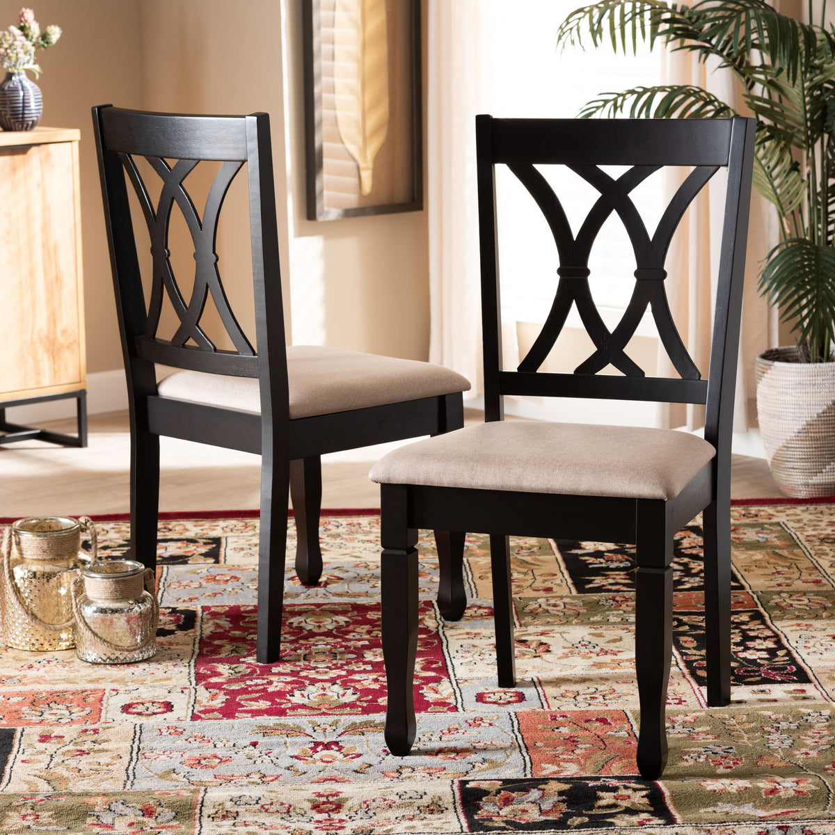 Reneau Modern and Contemporary Sand Fabric Upholstered Espresso Brown Finished Wood 2-Piece Dining Chair Set Set