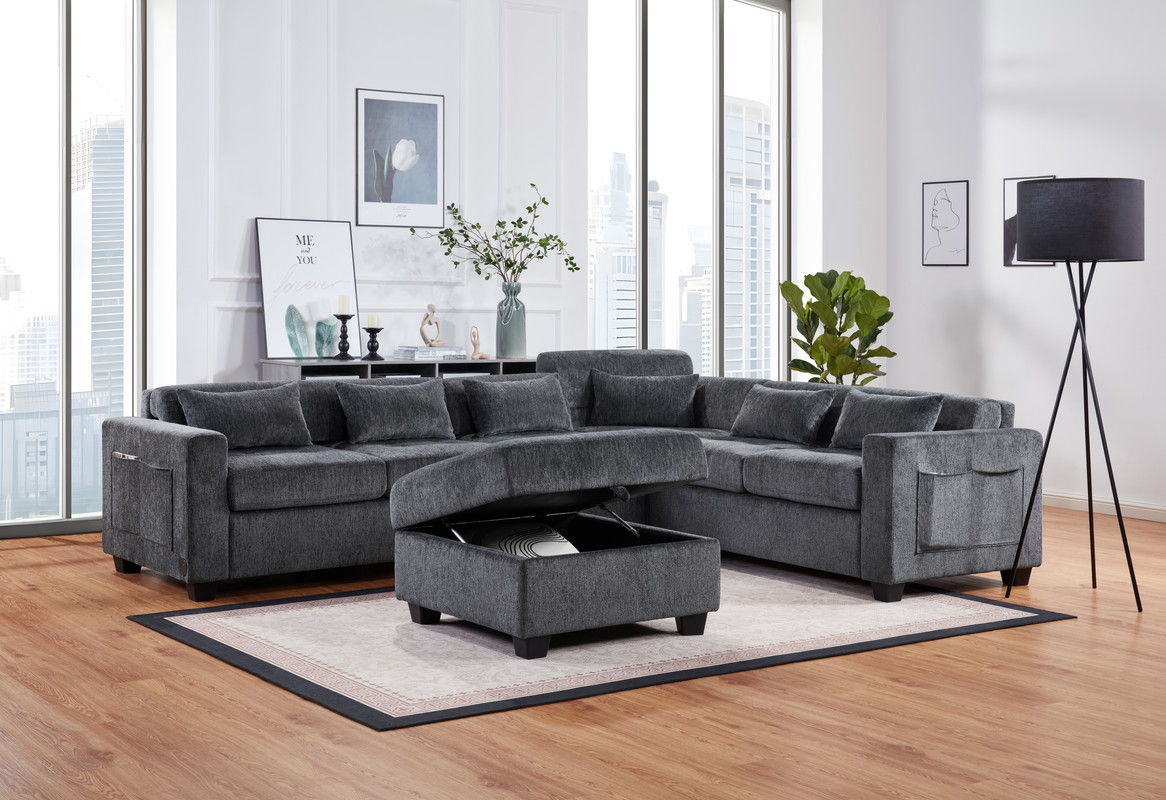 Trey 115"W Gray Chenille Sectional Sofa with Adjustable Backrest, Charging Ports, Pockets, Tufting, Storage Ottoman, Throw Pillows