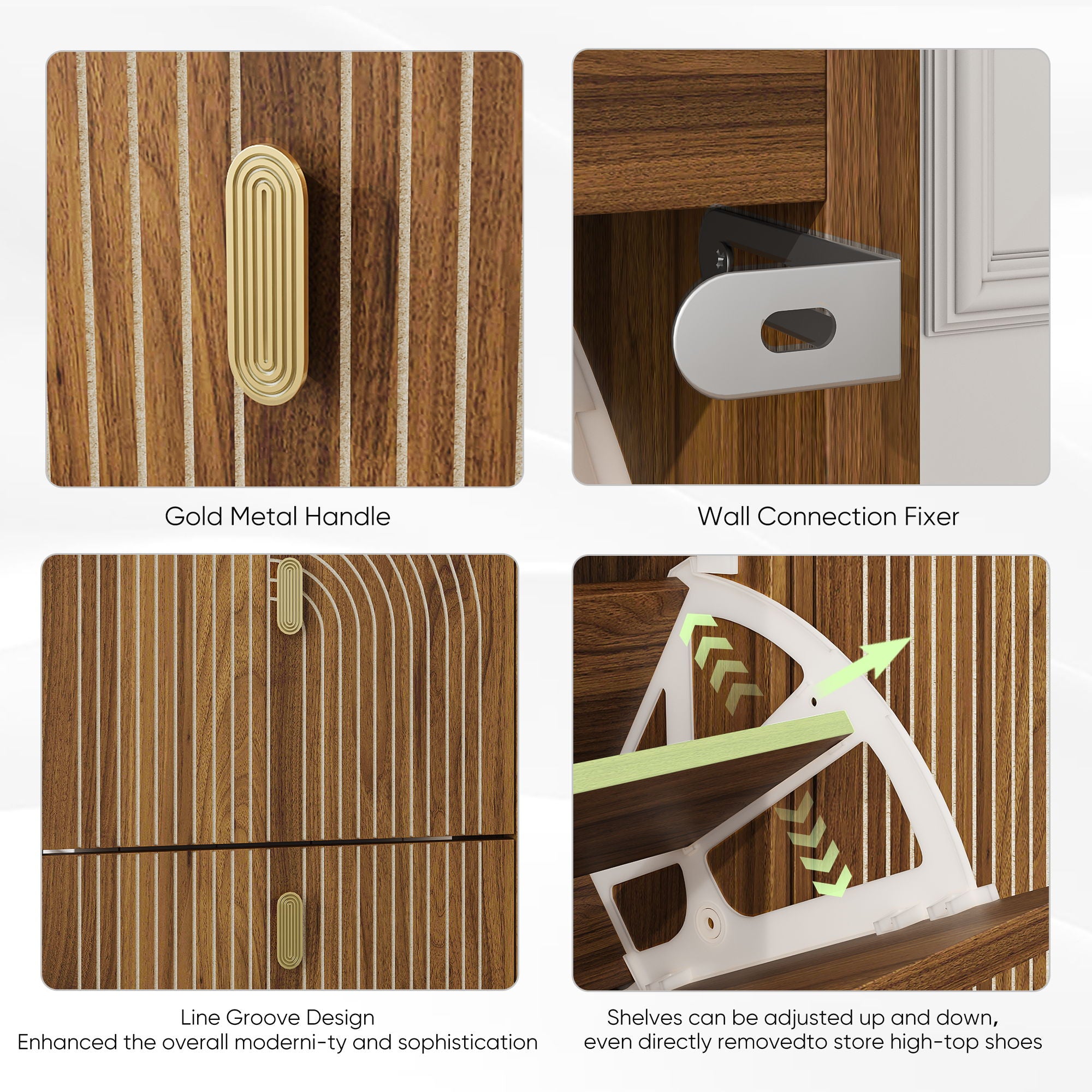 Modern Minimalist Shoe Storage Cabinet With 2 Flip Drawers And Metal Handles - Brown