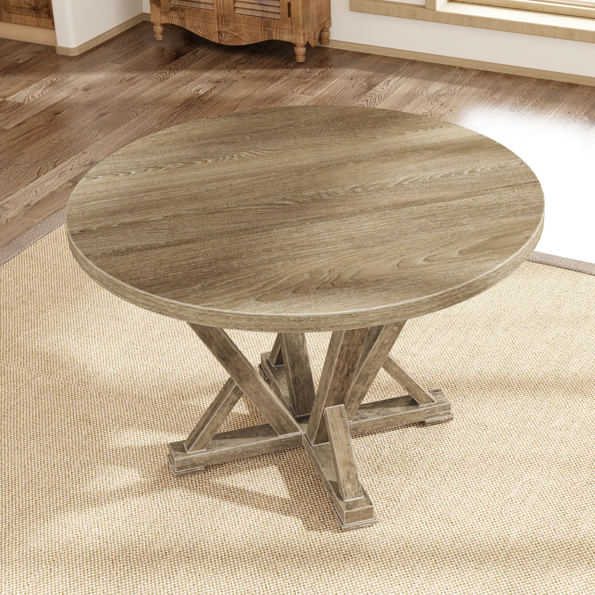 Modern Farmhouse Round Dining Table Solid Wood Rubberwood Antique Finishing Rustic Look Distressed Look Wire Brushed For 4 Seaters - Grayish Brown