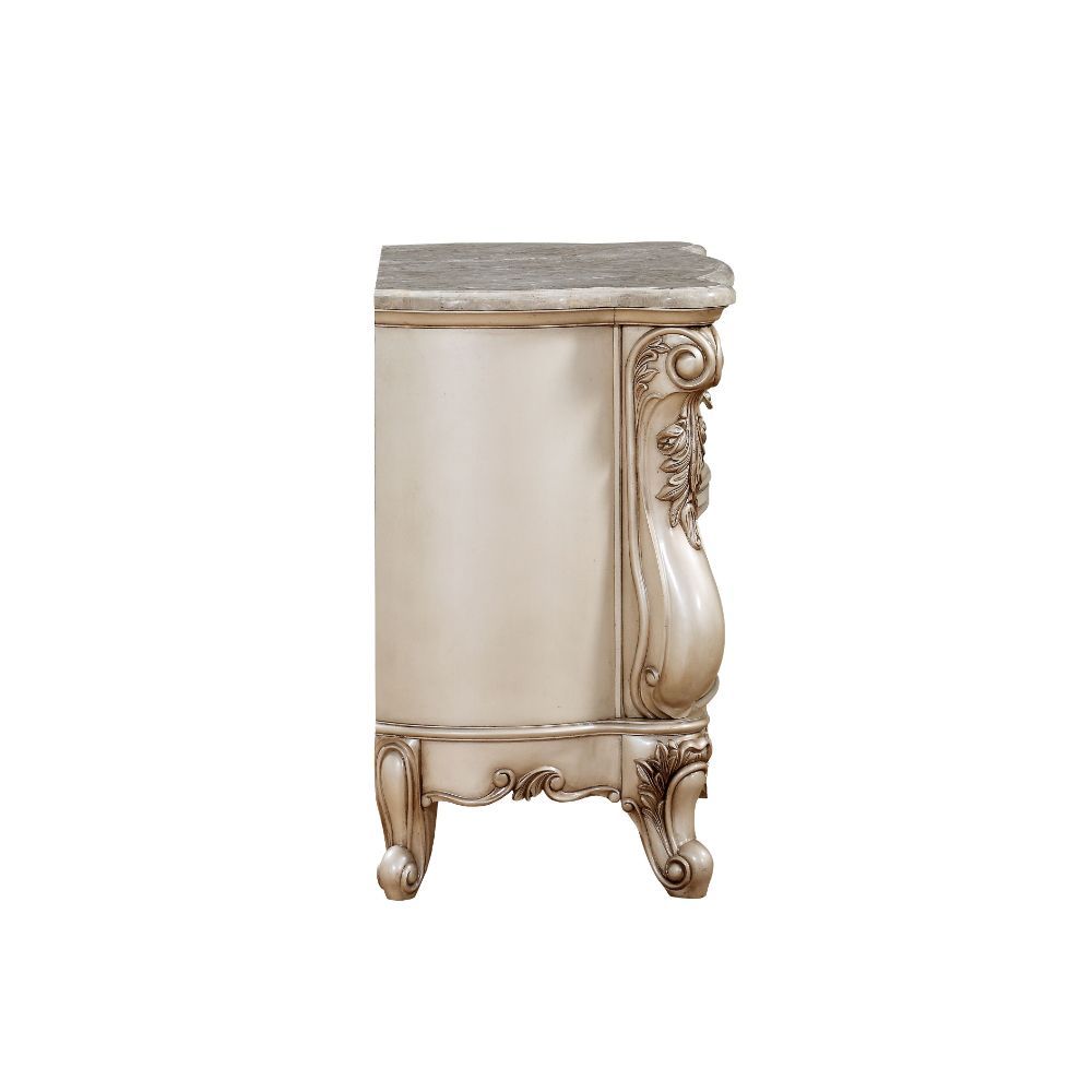 ACME Gorsedd - Nightstand - Marble & Antique White | Meri Furniture