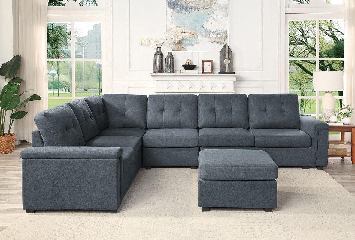 Isla 119"W Gray Woven Fabric 7-Seater Sectional Sofa with Ottoman
