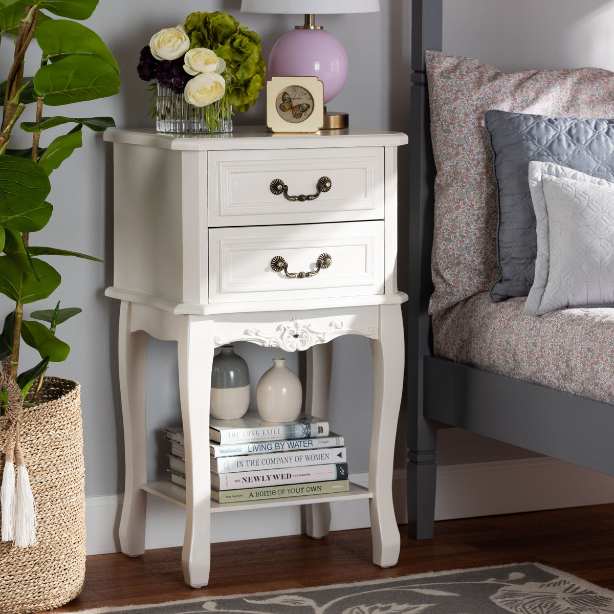 Gabrielle Traditional French Country Provincial White-Finished 2-Drawer Wood End Table