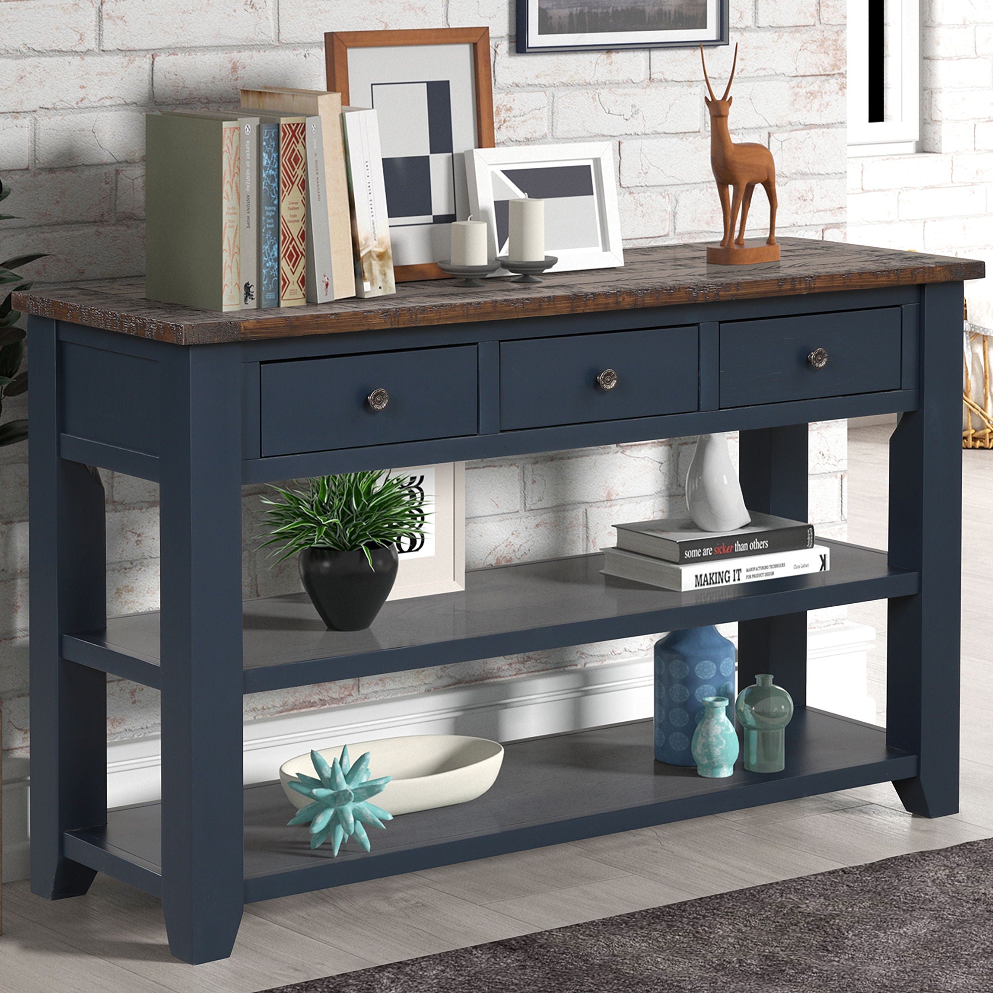 49'' Rectangular Solid 3 Drawer 2 Shelf Console Table - Blue