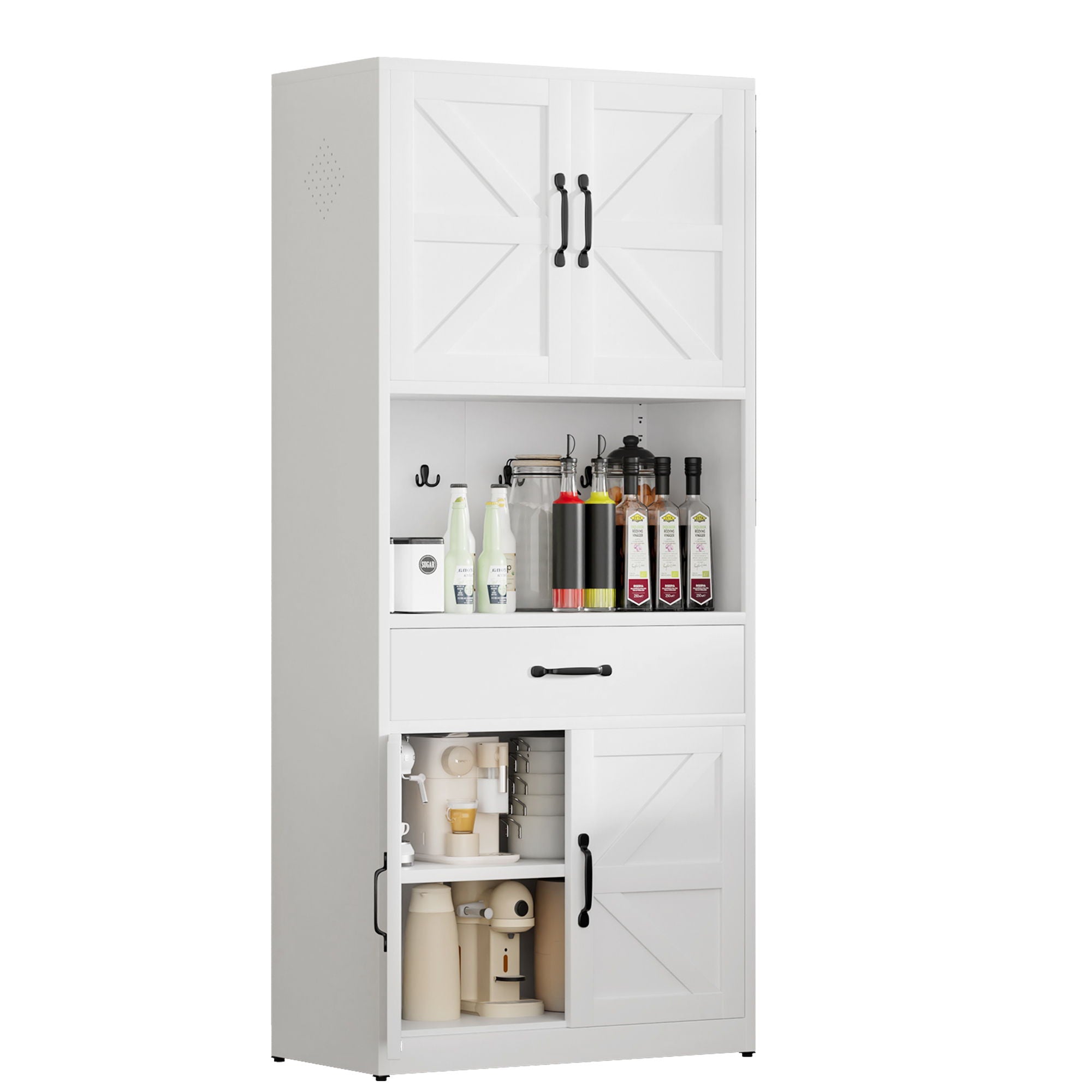 Kitchen Pantry Cabinet With Adjustable Shelves, Drawers, Hooks And Large Countertop - White