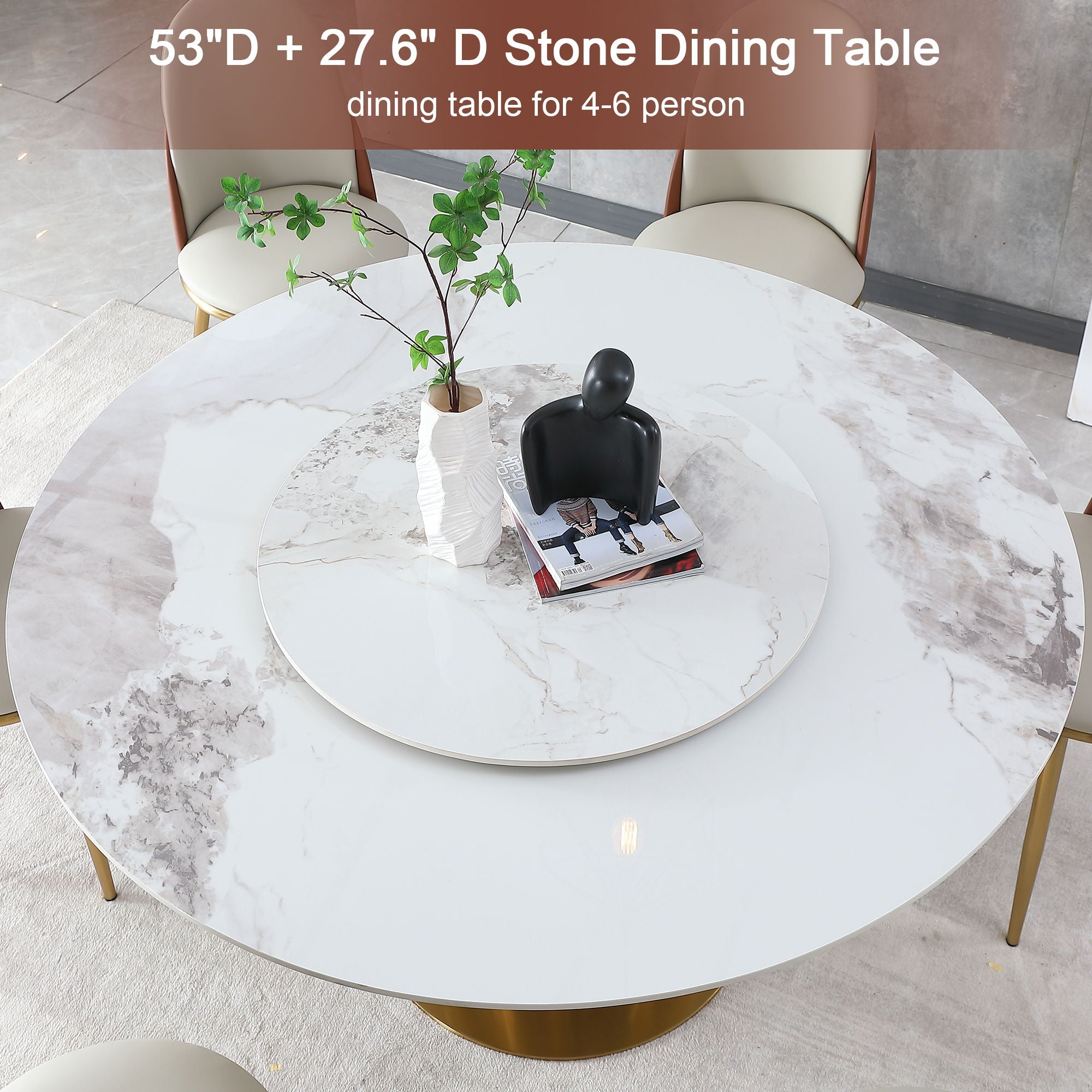 53" Round Marble Dining Table With Lazy Susan, Dining Room, Dinette (Table Only) - Gold / Gold / White
